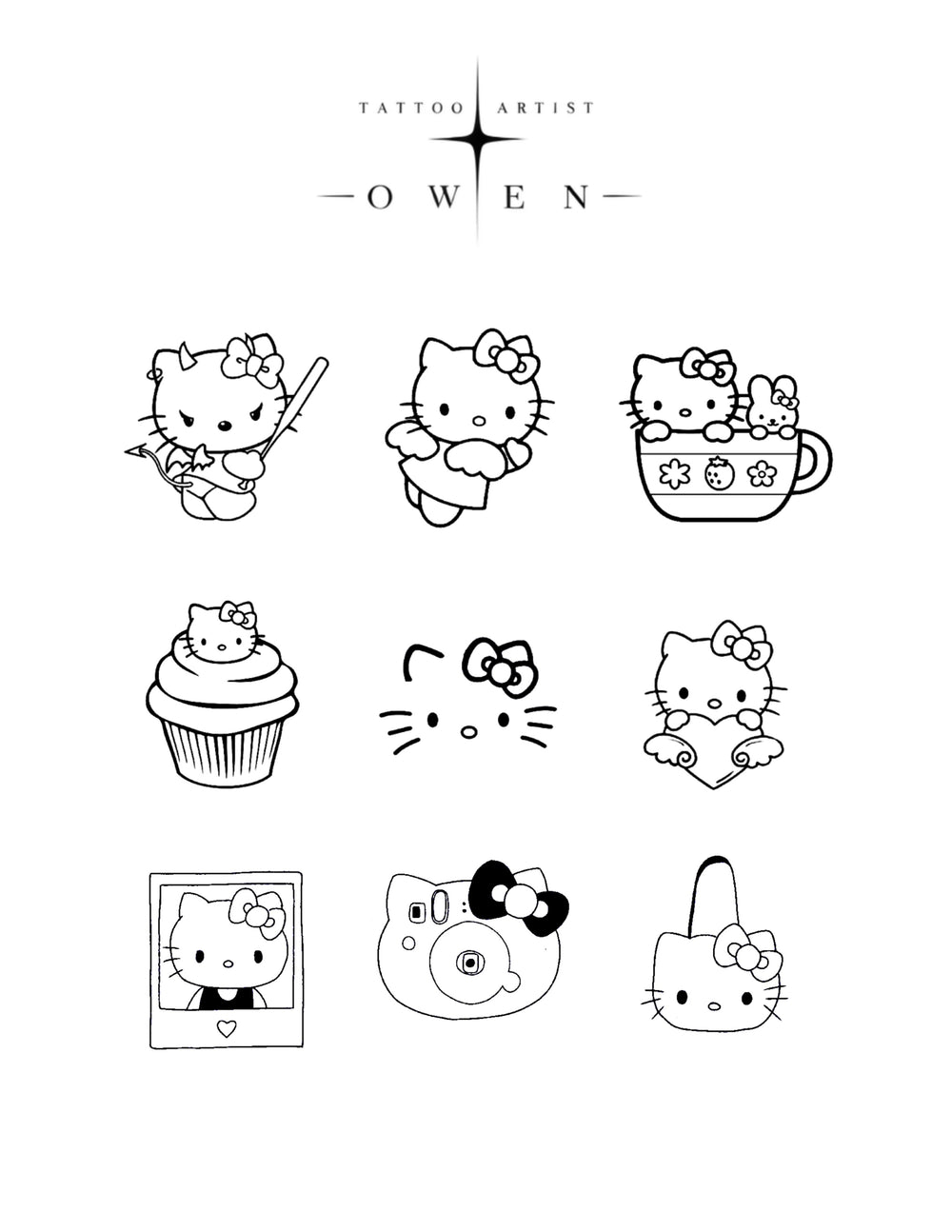 Black-and-white sweet mini icon flash tattoo sheet by Owen