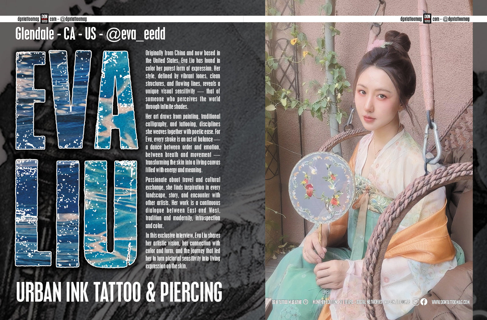 Eva tattoo work featured in DGN Tattoo Magazine Issue 201 for Urban Ink Tattoos
