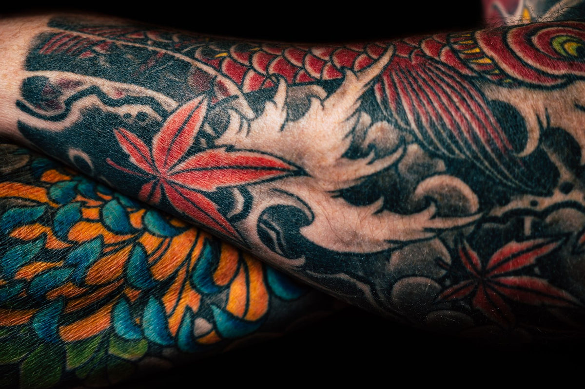 Close-up of colorful tattoo work for a Los Angeles color tattoo studio guide