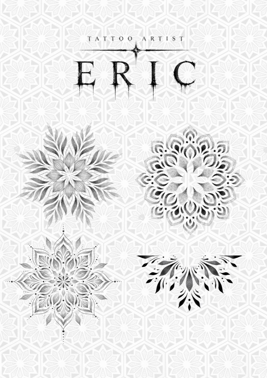 Four black-and-gray botanical and lotus mandala flash tattoo designs by Eric