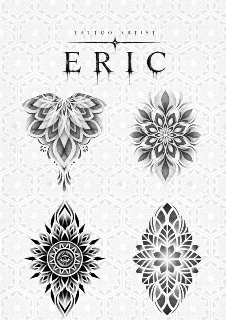 Four large black-and-gray botanical geometric flash tattoo designs, including an eye mandala, by Eric