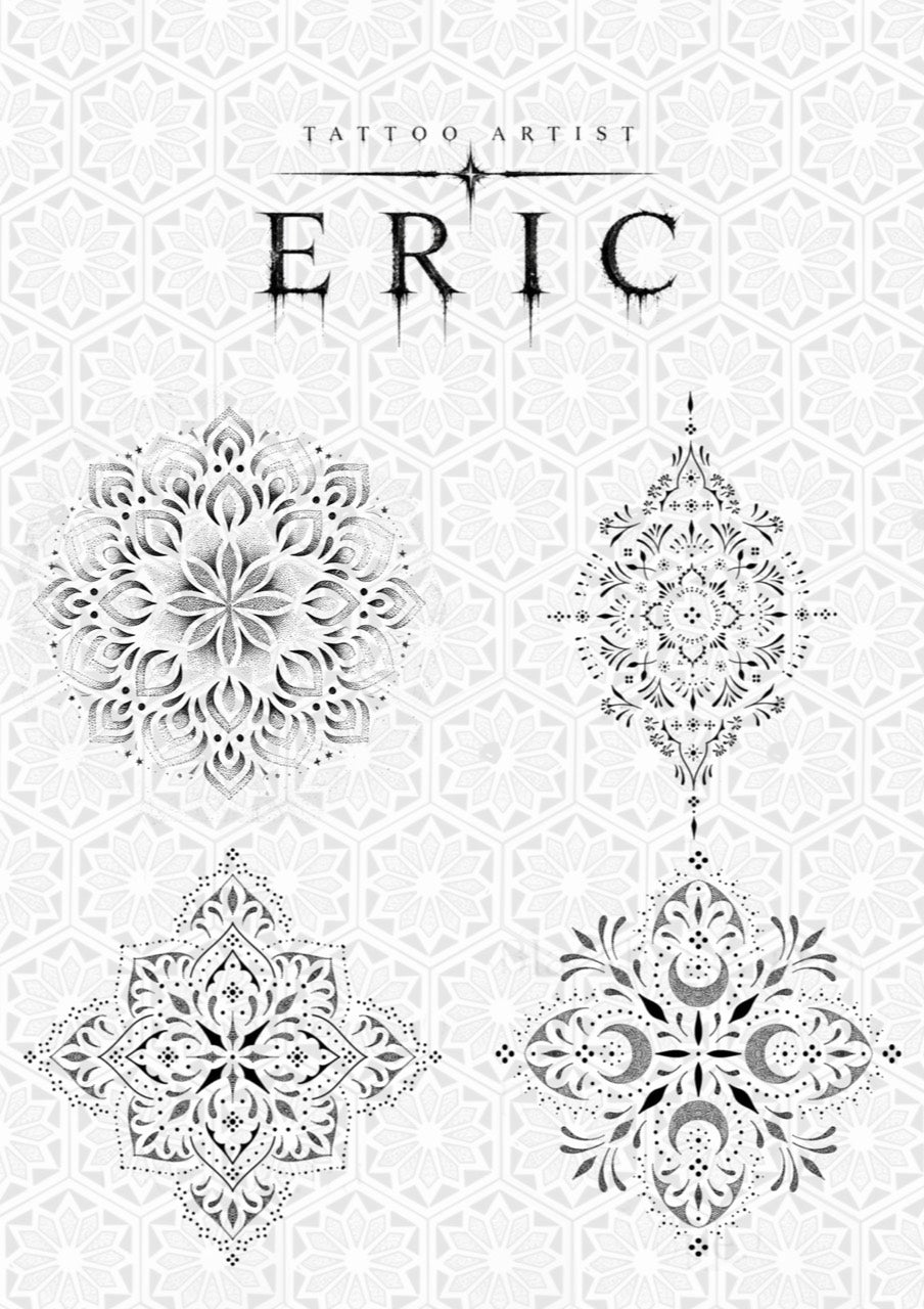 Four black-and-gray ornamental mandala flash designs with floral, teardrop, and crescent details by Eric