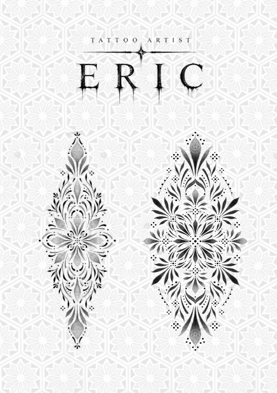 Two large vertical black-and-gray floral ornamental flash tattoo designs by Eric