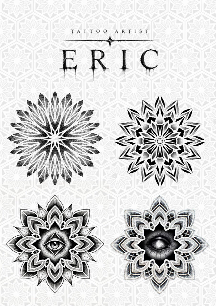 Four black-and-gray geometric mandala flash tattoo designs, including two eye motifs, by Eric