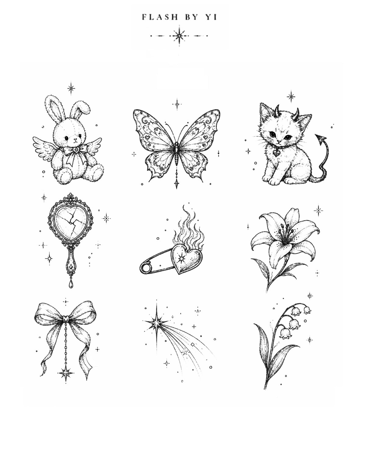 Yi fine-line whimsical gothic flash sheet with bunny, butterfly, and devil cat designs
