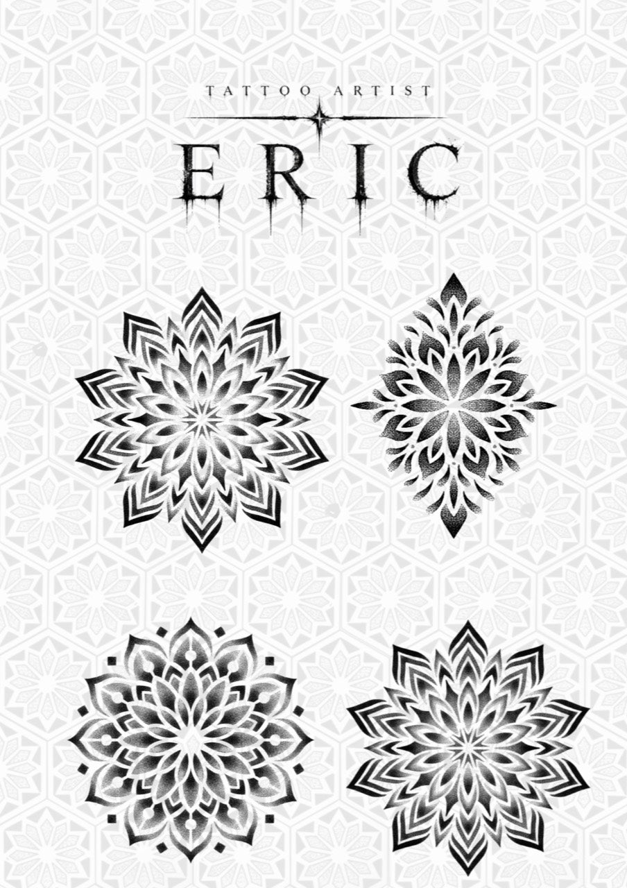 Four black-and-gray layered lotus and ornamental mandala flash tattoo designs by Eric