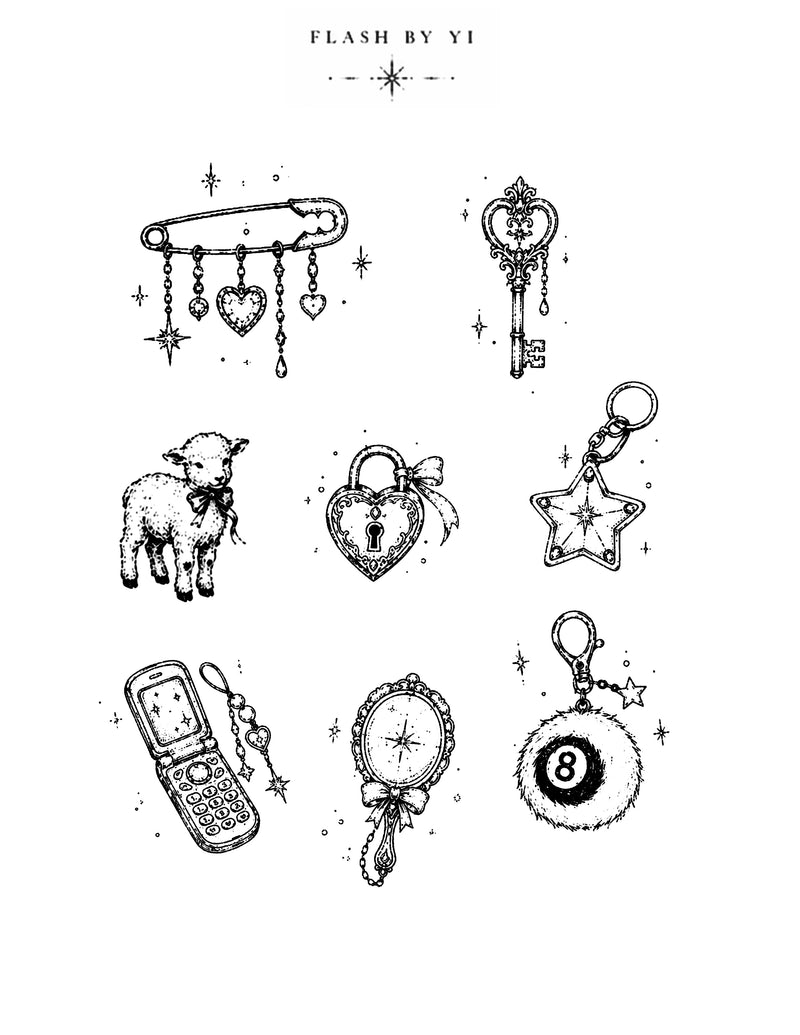 Yi fine-line charm flash sheet with heart lock, lucky lamb, mirror, and eight ball designs