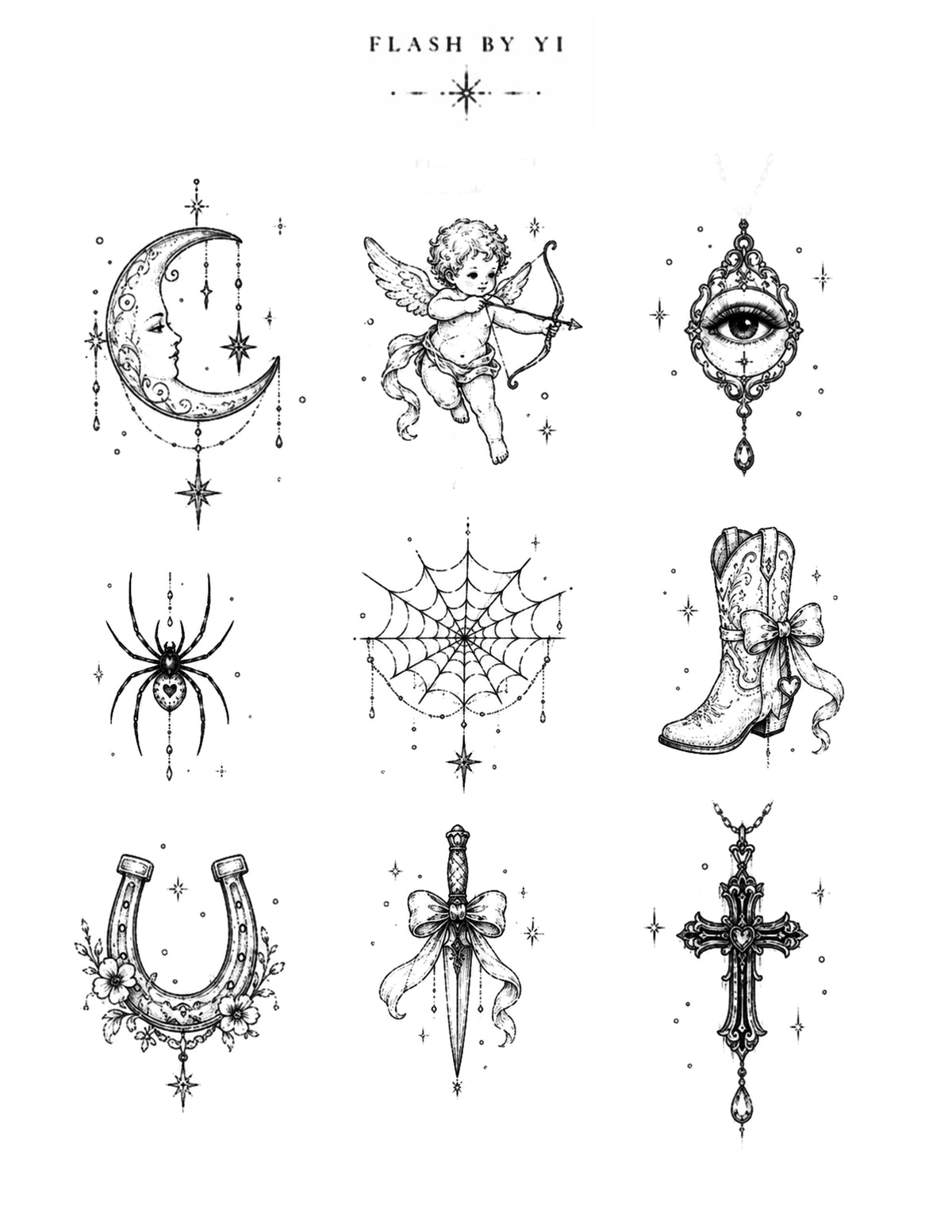 Yi fine-line celestial flash sheet with moon, cupid, spider, and cross designs