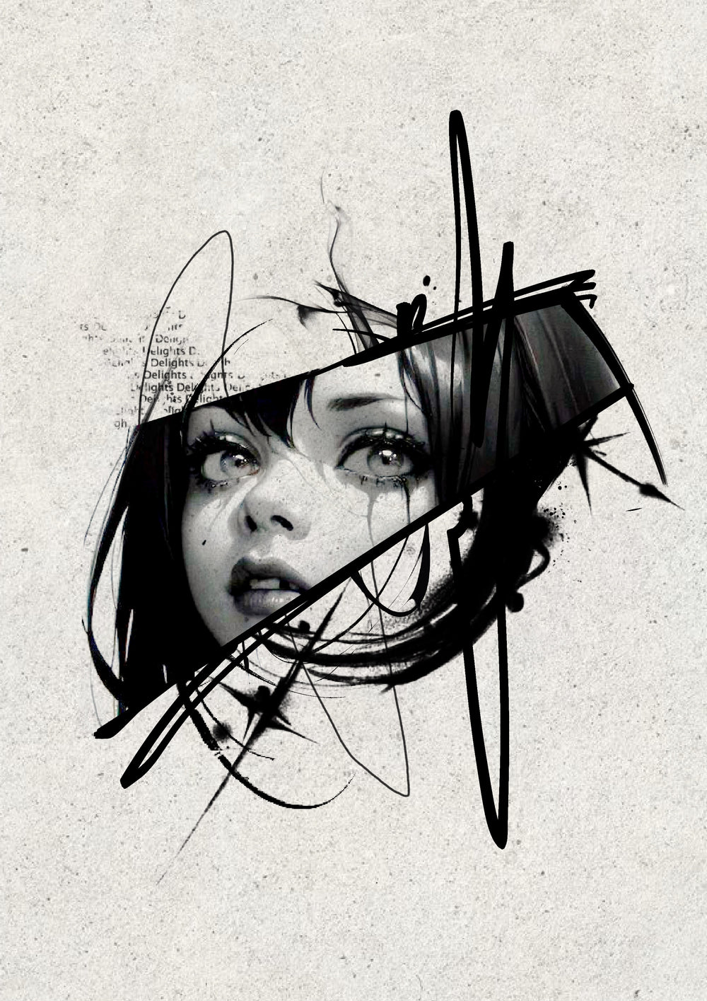 Fragmented female portrait with angular black brushwork, Stanley flash tattoo design