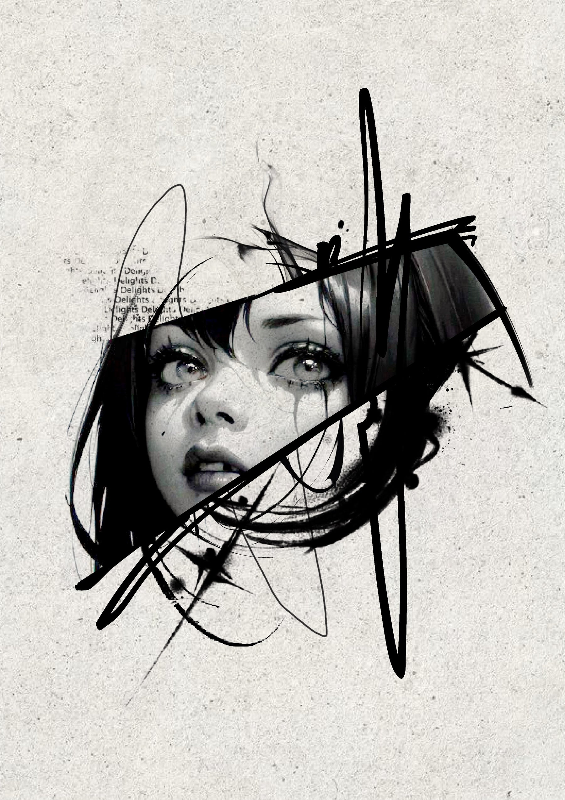 Fragmented female portrait with angular black brushwork, Stanley flash tattoo design
