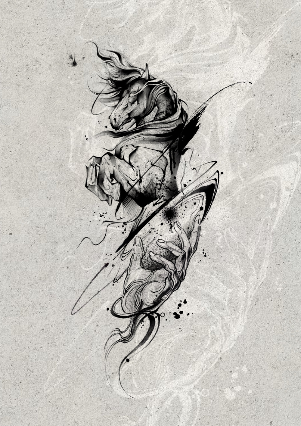 Horse head and sculpted hand in black and gray, Stanley flash tattoo design