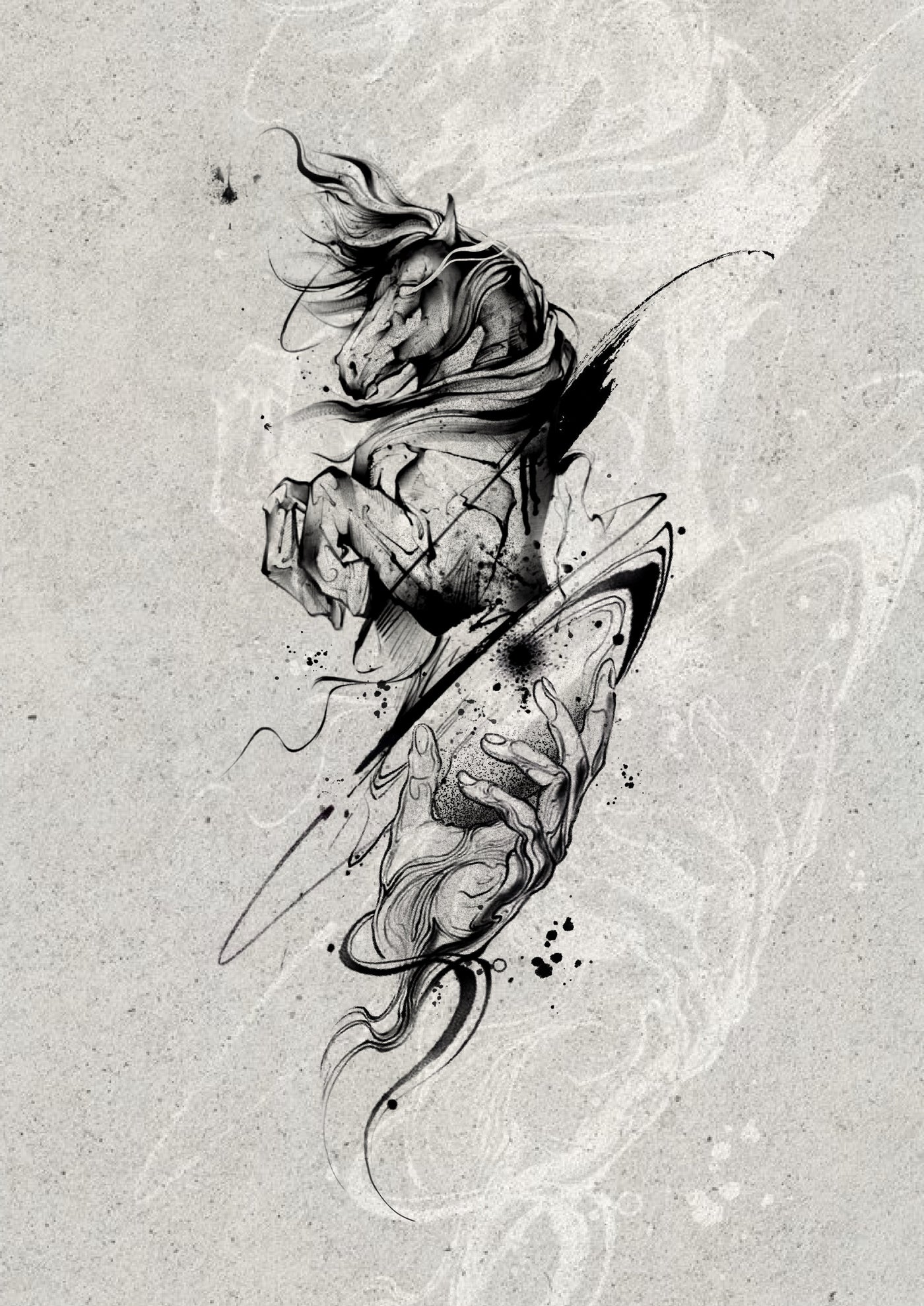 Horse head and sculpted hand in black and gray, Stanley flash tattoo design