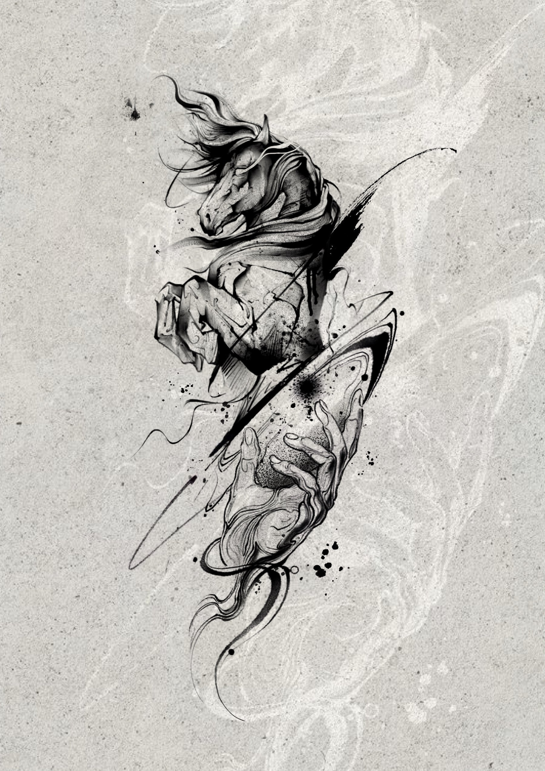 Horse head and sculpted hand in black and gray, Stanley flash tattoo design