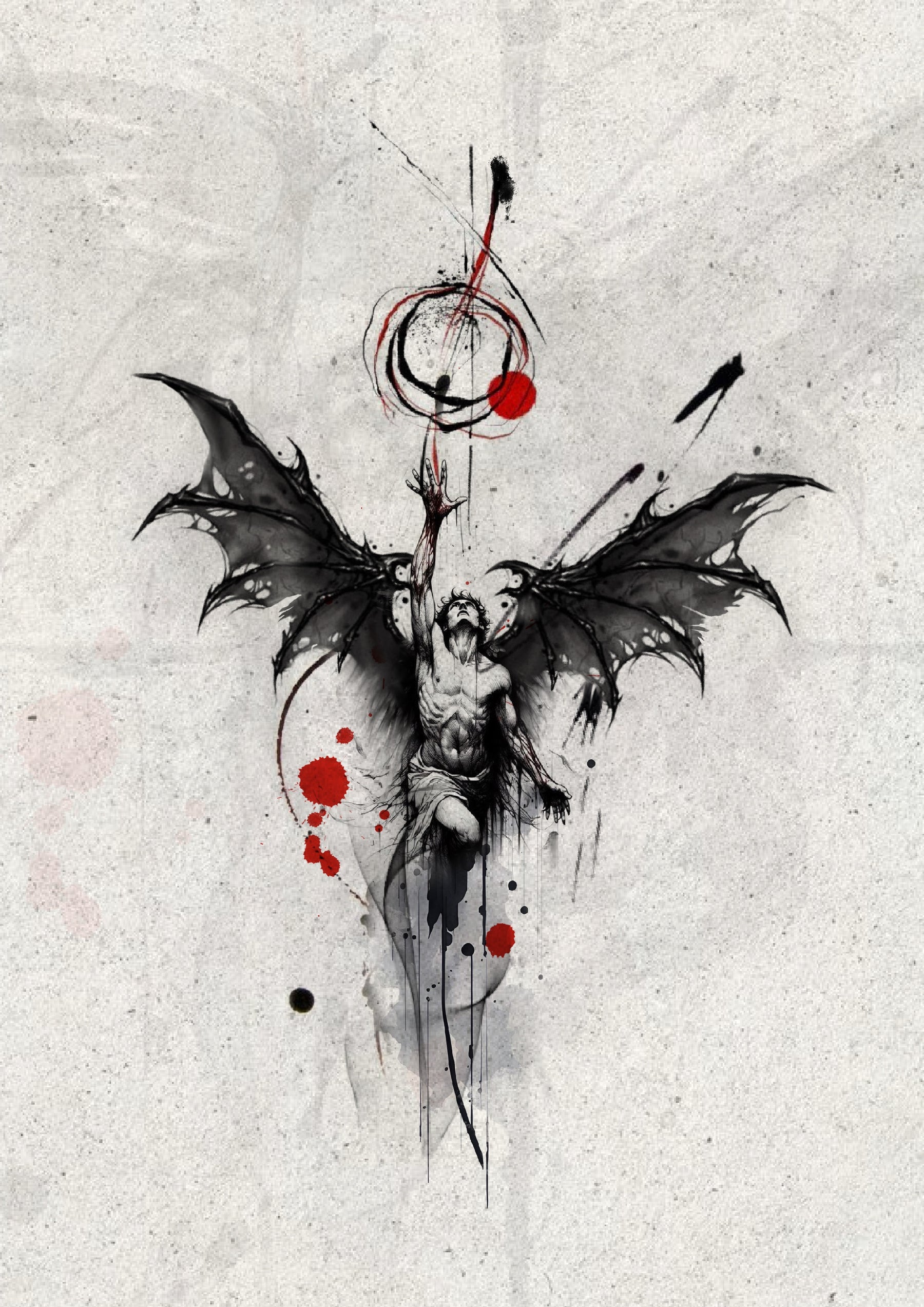 Ascending winged figure with black and red ink accents, Stanley flash tattoo design