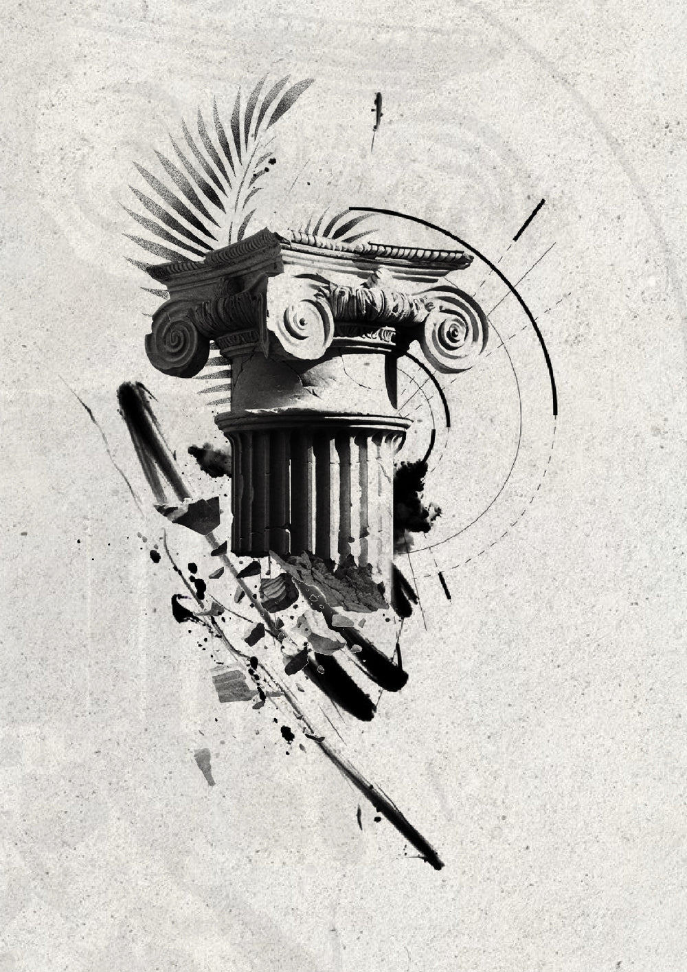Broken classical Ionic column with abstract brushwork, Stanley flash tattoo design