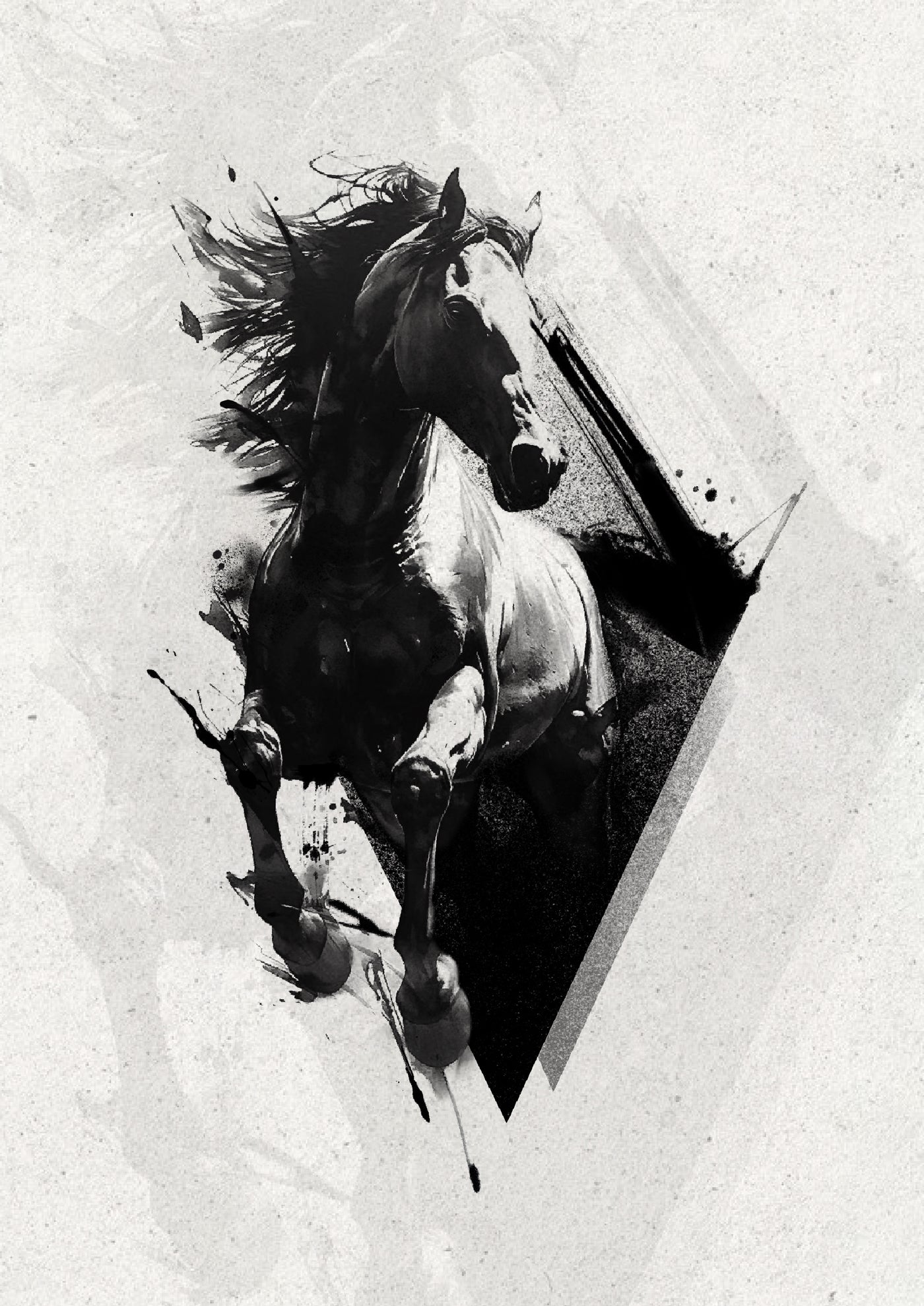 Black horse portrait inside an angular frame, Stanley flash tattoo design