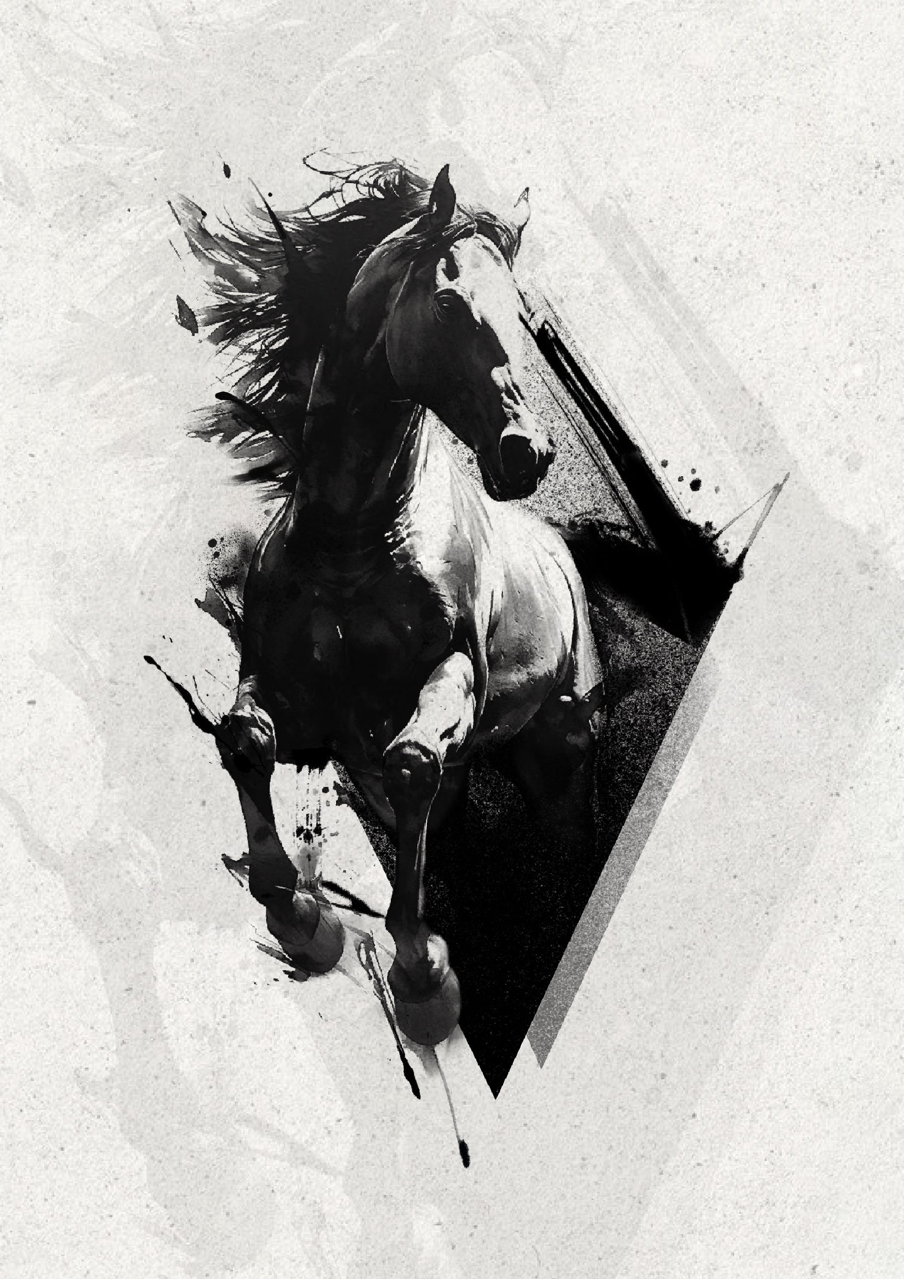 Black horse portrait inside an angular frame, Stanley flash tattoo design