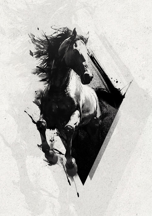 Black horse portrait inside an angular frame, Stanley flash tattoo design