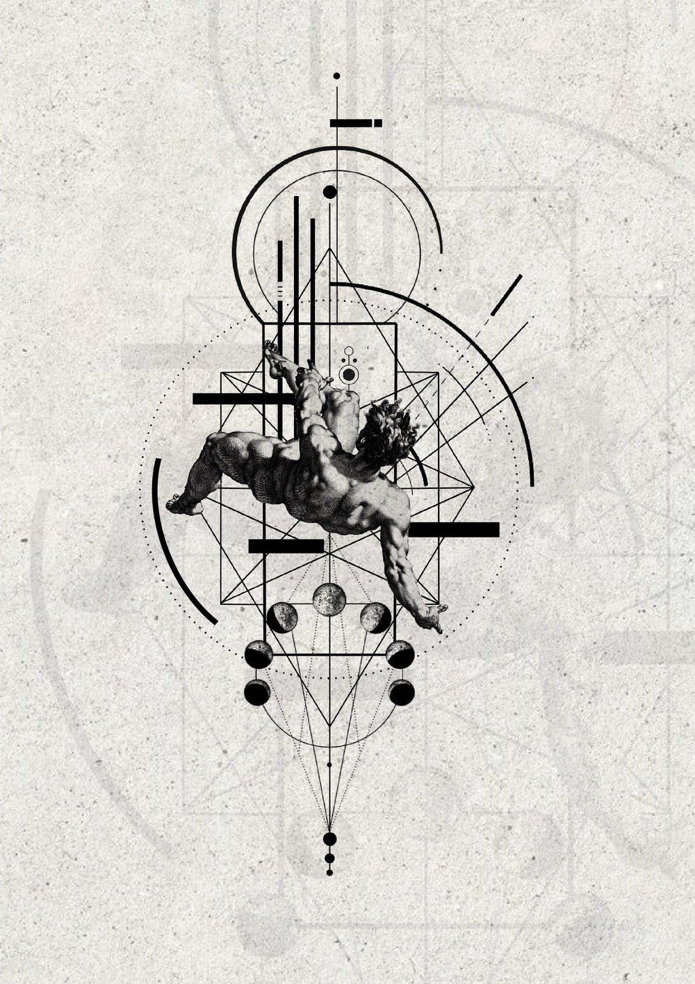 Falling classical figure with geometric moon phase composition, Stanley flash tattoo design