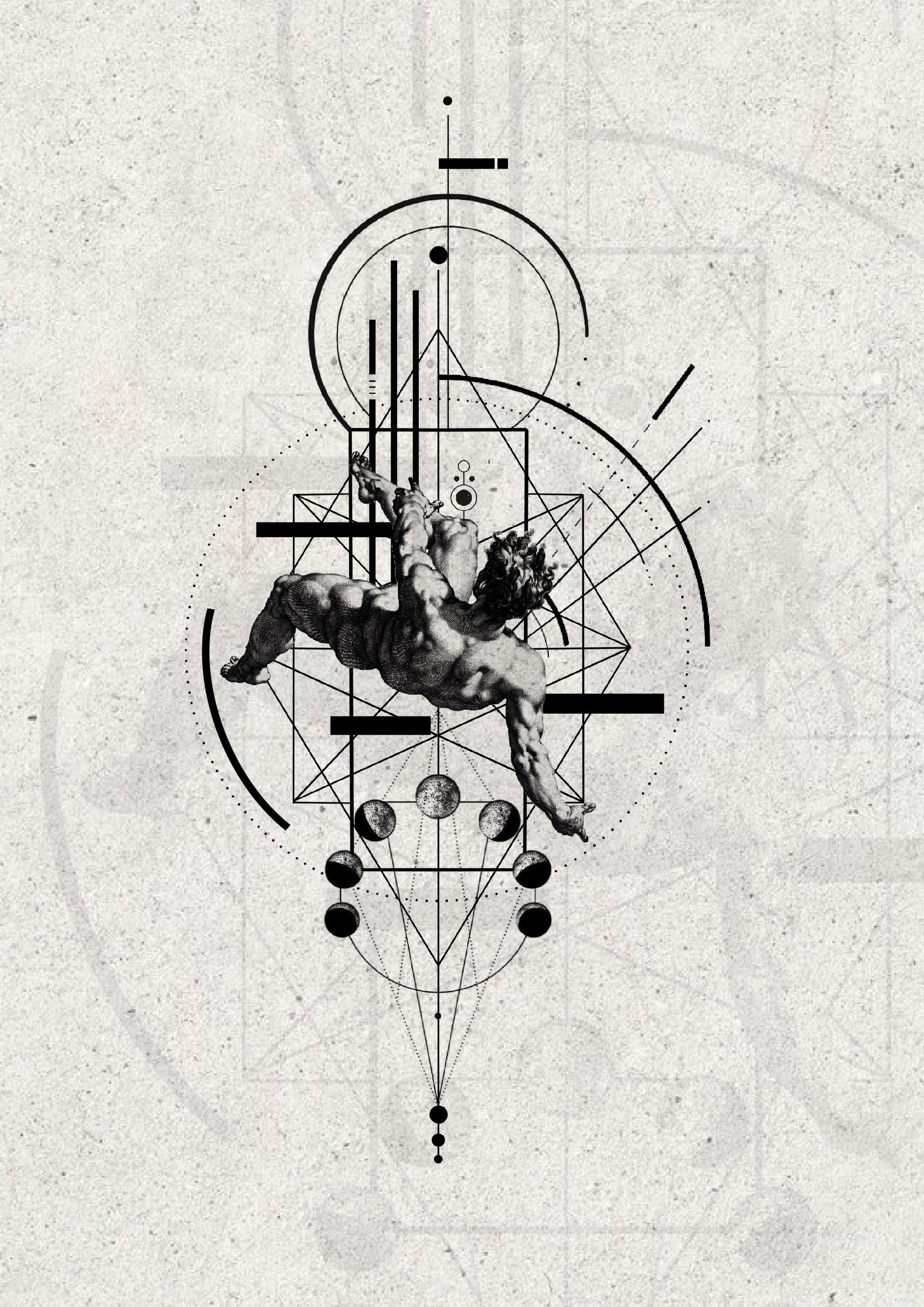 Falling classical figure with geometric moon phase composition, Stanley flash tattoo design