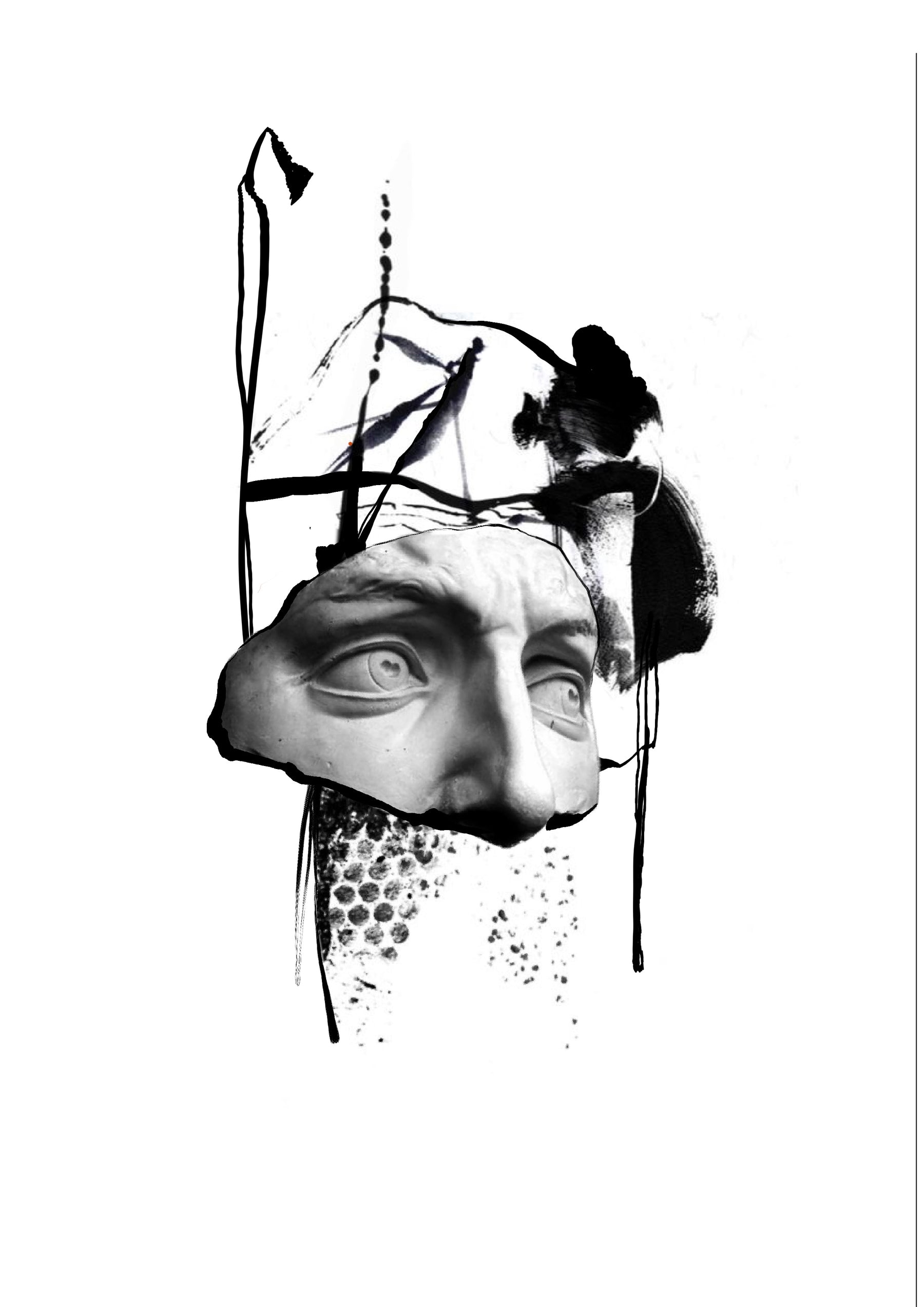 Fragmented stone face and eye with abstract black brushwork, Stanley flash tattoo design
