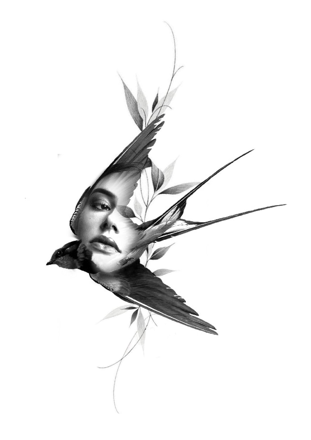 Female portrait merged with swallows and leaves, Stanley flash tattoo design