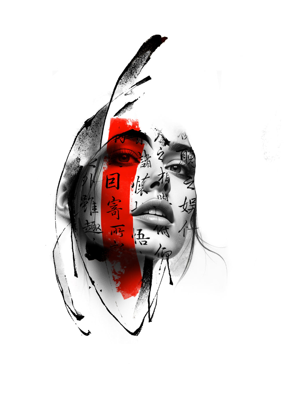 Female portrait with red block and script accents, Stanley flash tattoo design