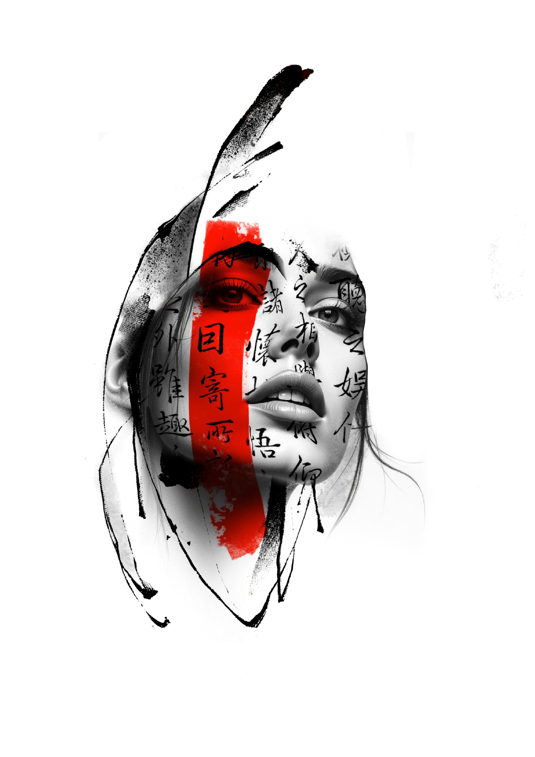 Female portrait with red block and script accents, Stanley flash tattoo design