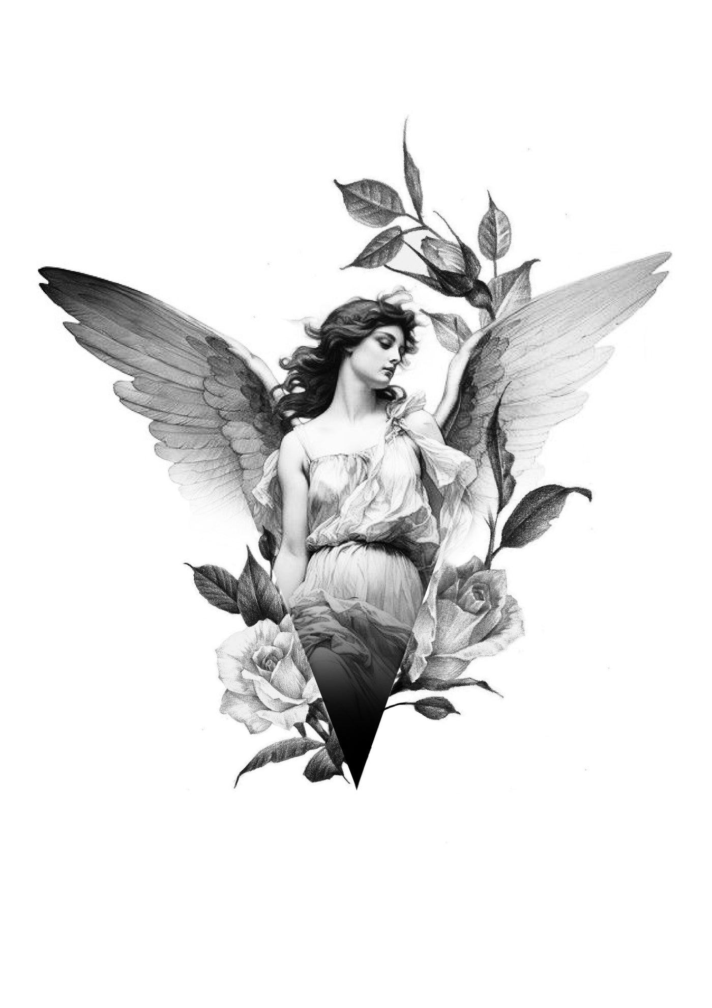 Winged classical muse surrounded by roses, Stanley flash tattoo design