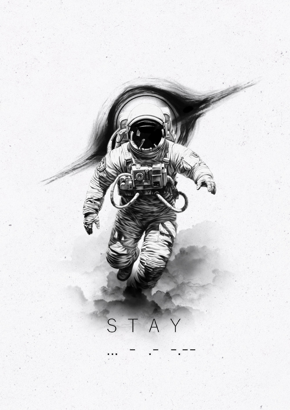 Astronaut walking beneath a black ring with Stay lettering, Stanley flash tattoo design