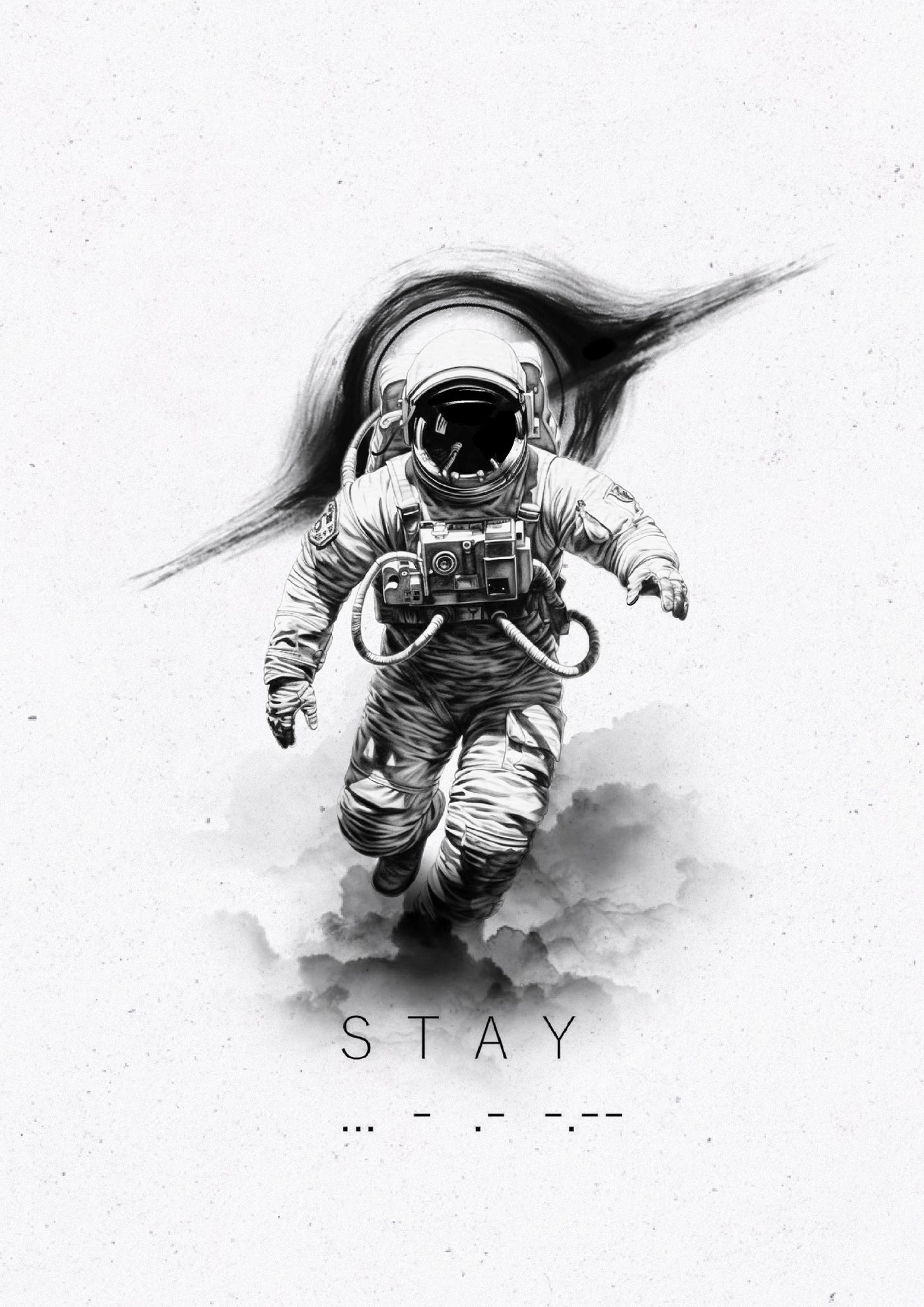 Astronaut walking beneath a black ring with Stay lettering, Stanley flash tattoo design