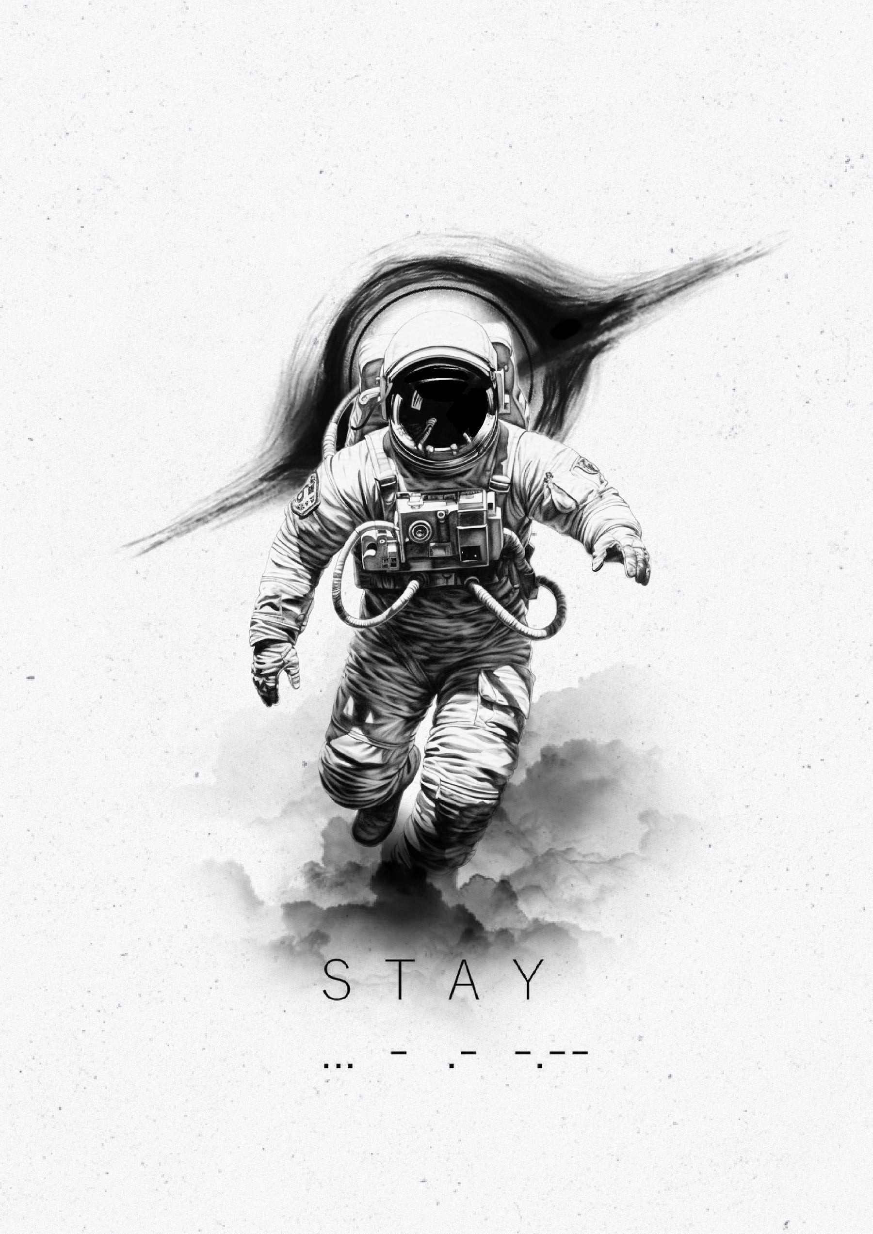 Astronaut walking beneath a black ring with Stay lettering, Stanley flash tattoo design