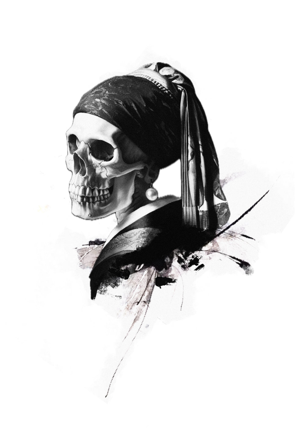 Skull portrait wearing a headscarf and pearl earring, Stanley flash tattoo design