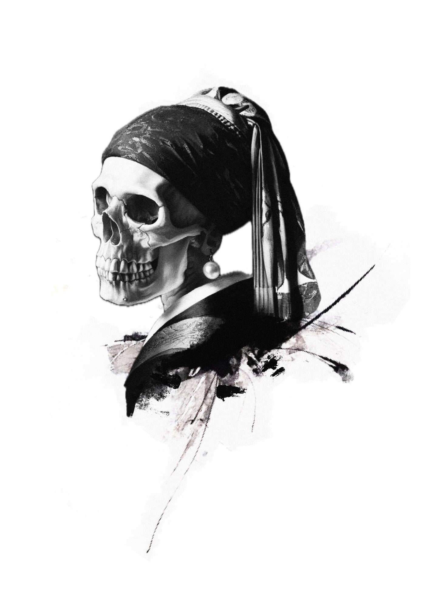 Skull portrait wearing a headscarf and pearl earring, Stanley flash tattoo design