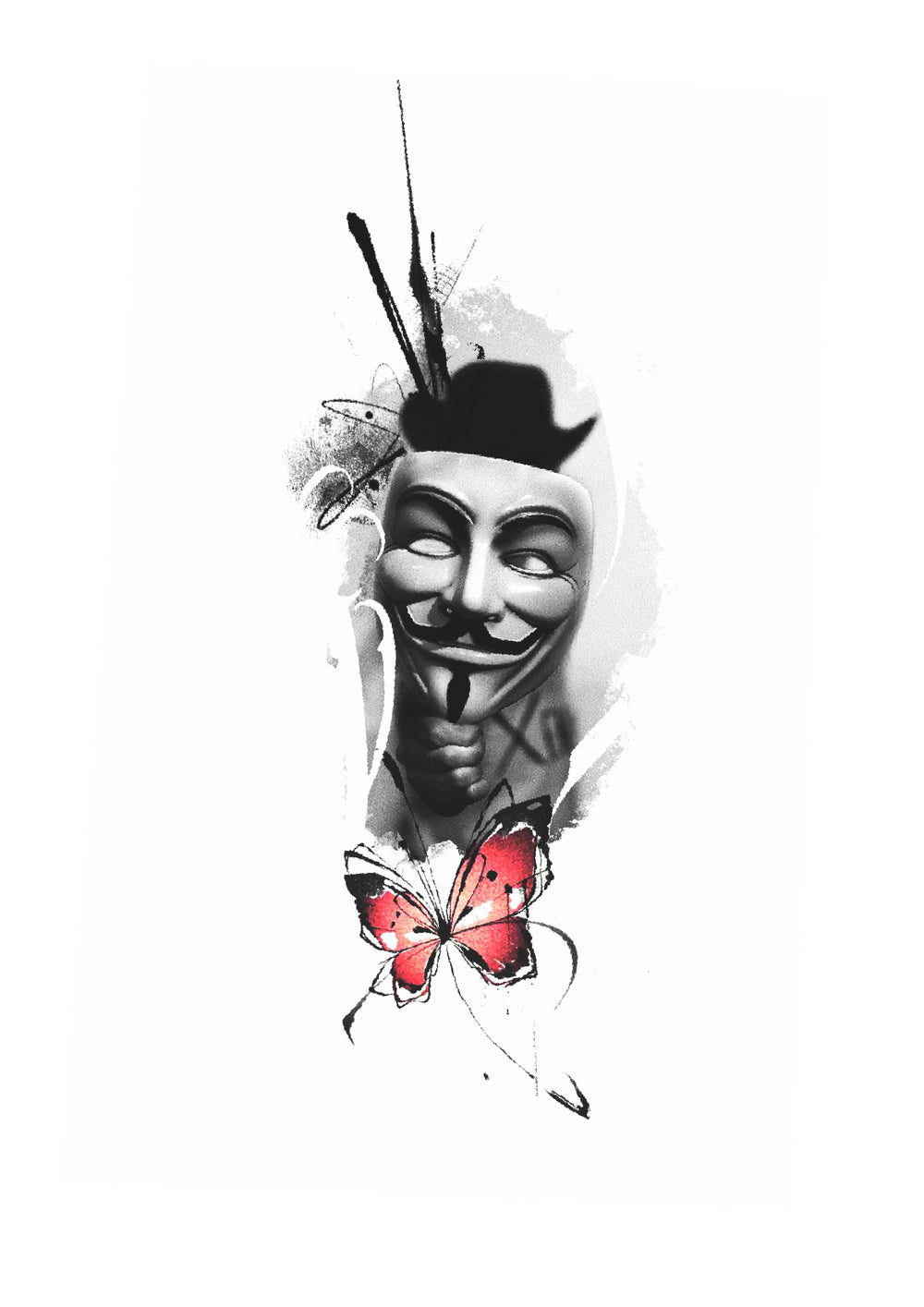 Stylized mask portrait with a red butterfly accent, Stanley flash tattoo design