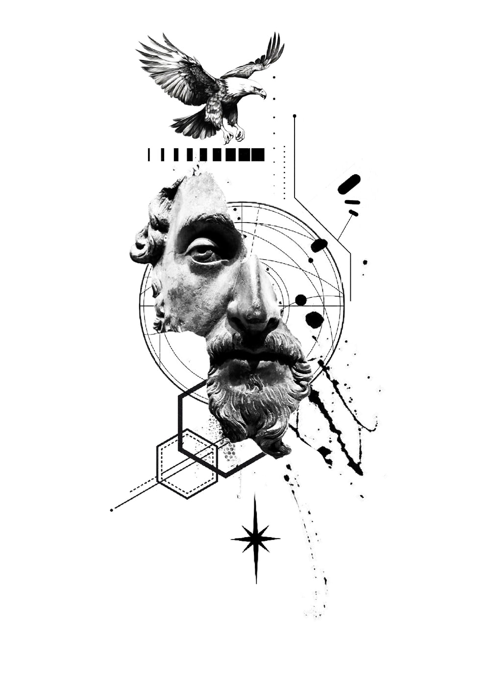 Eagle above a classical bearded head with geometric circles, Stanley flash tattoo design