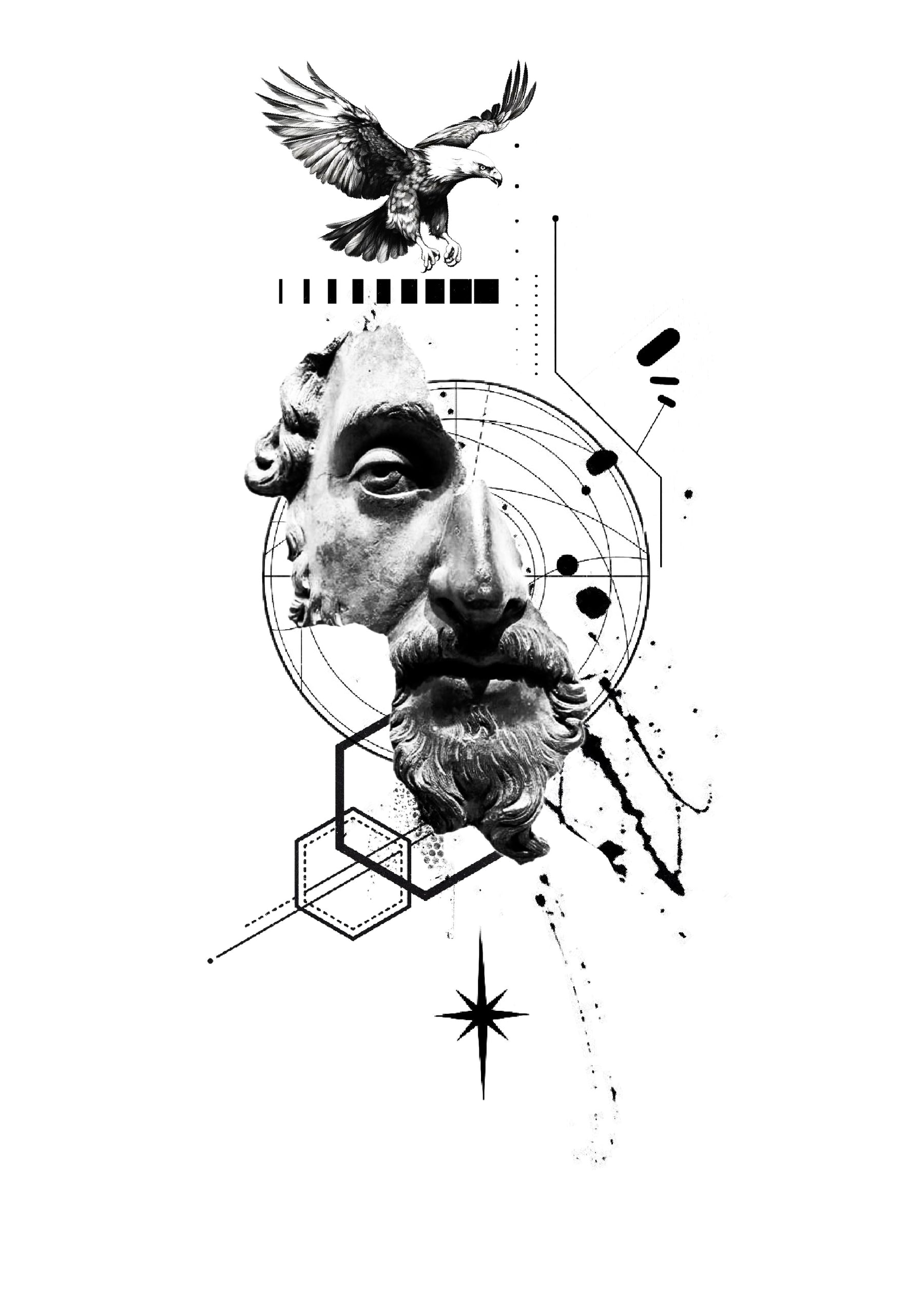 Eagle above a classical bearded head with geometric circles, Stanley flash tattoo design