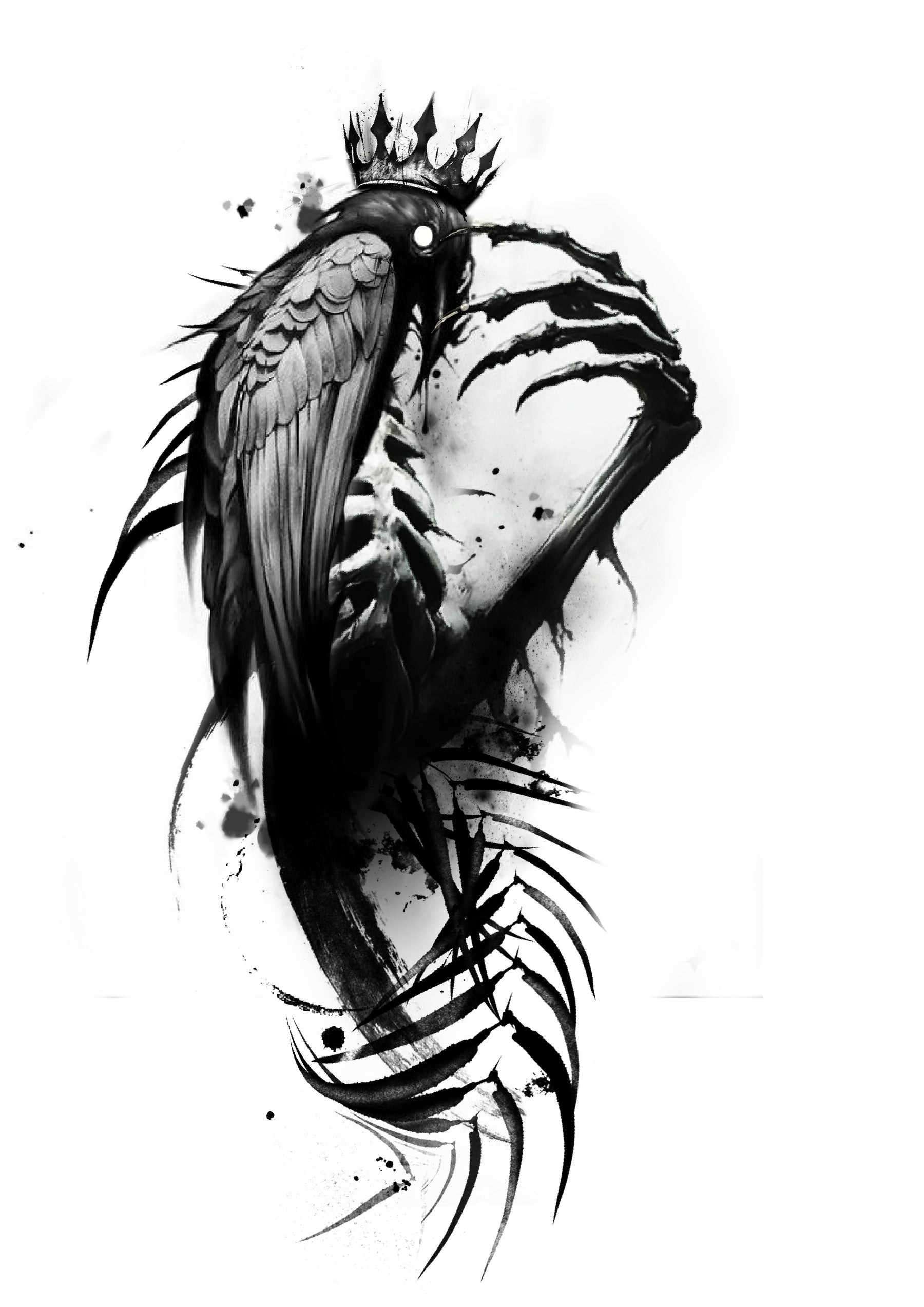 Crowned raven gripping a skull with skeletal claws, Stanley flash tattoo design
