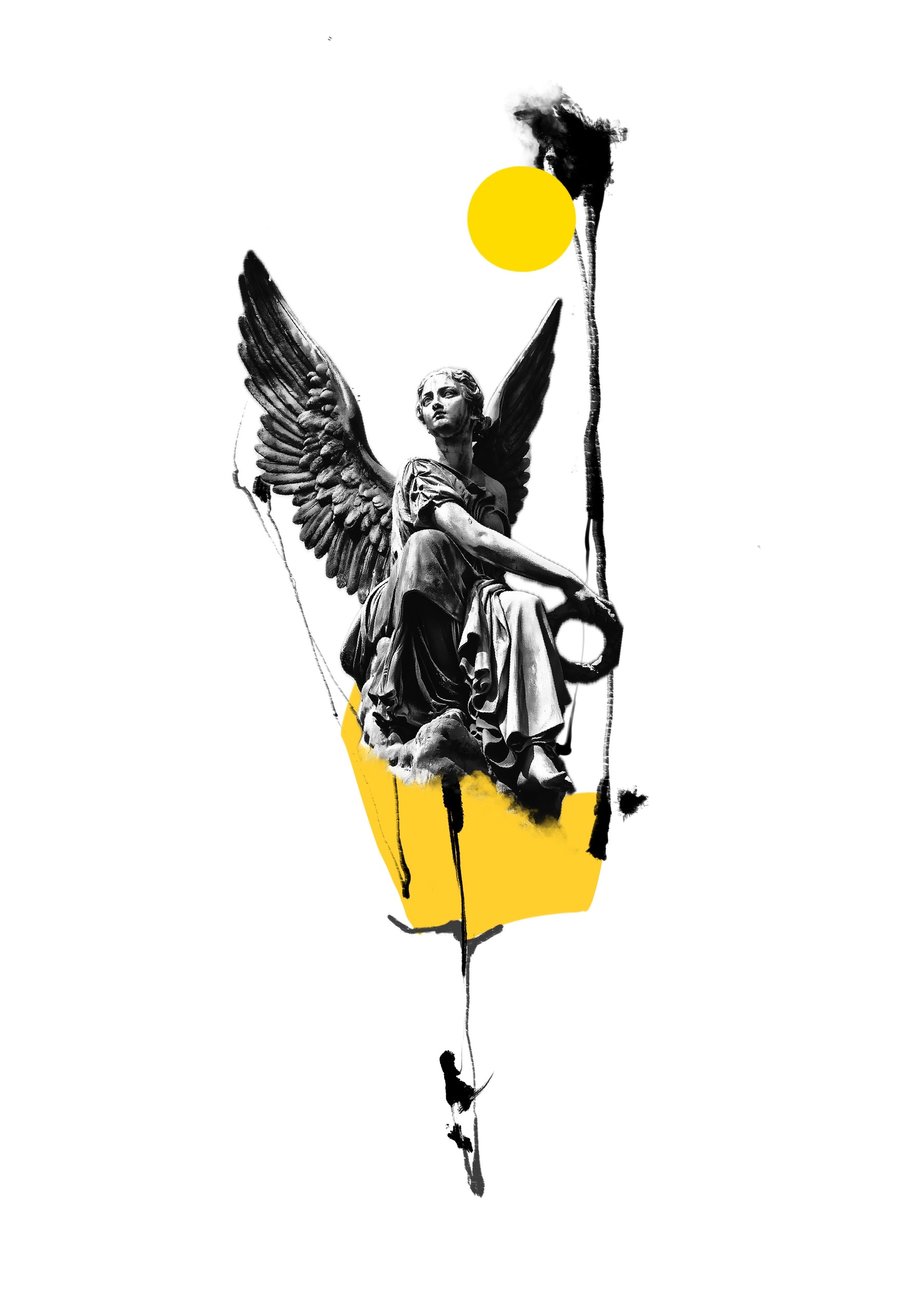 Seated winged angel statue with a golden sun accent, Stanley flash tattoo design