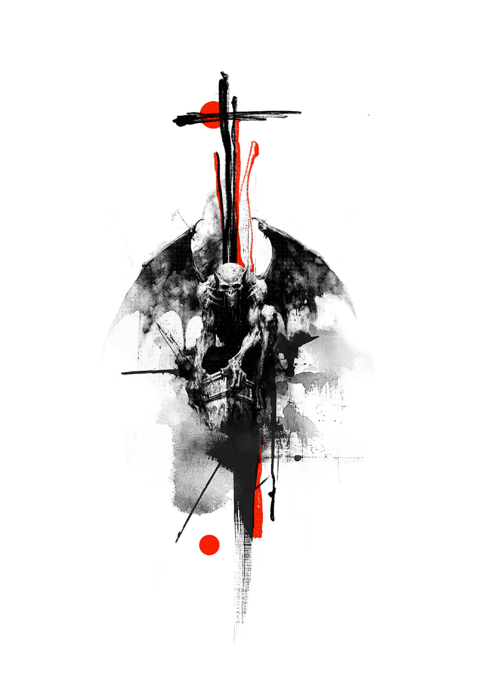 Winged gargoyle over black and red cross brushstrokes, Stanley flash tattoo design