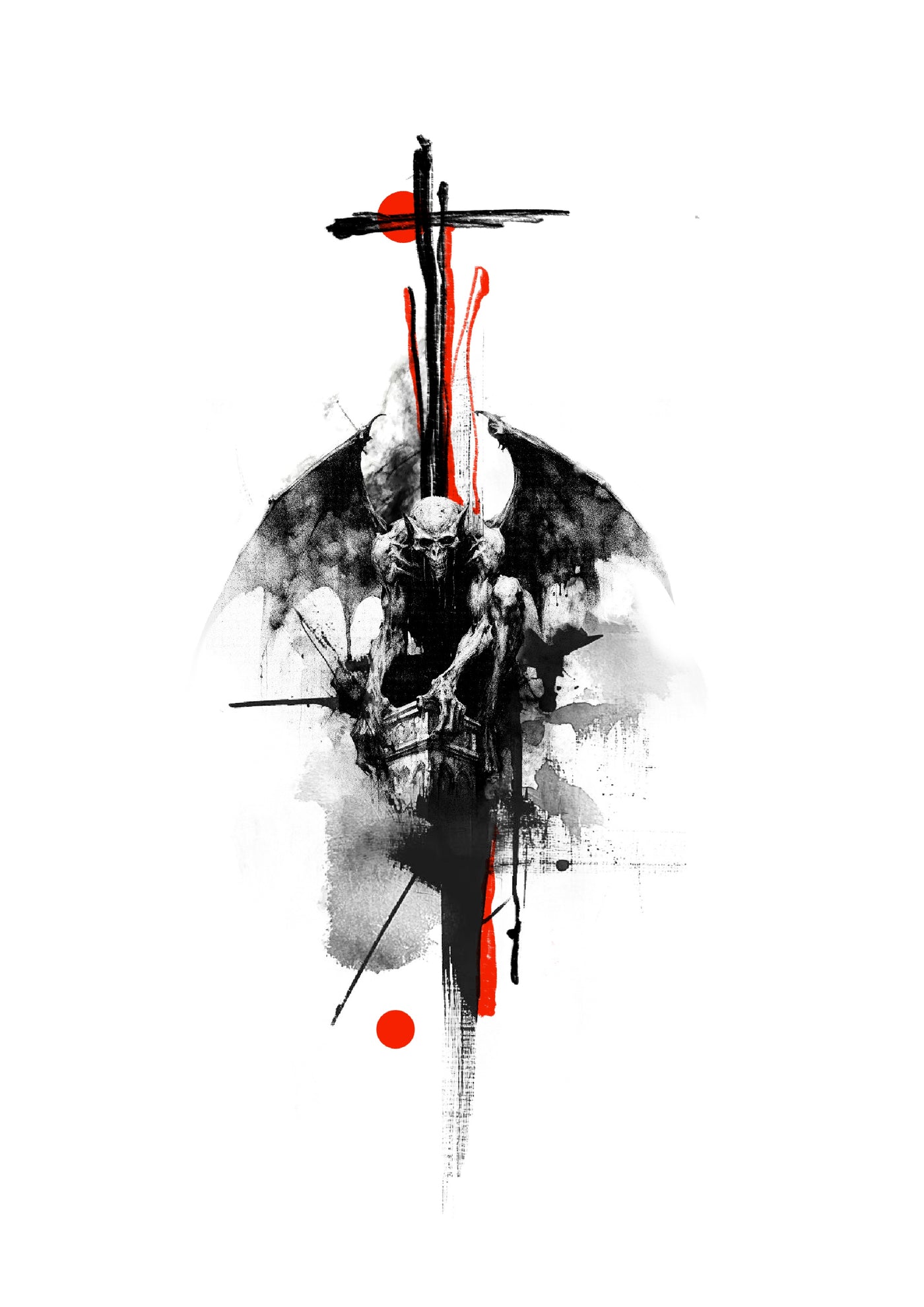 Winged gargoyle over black and red cross brushstrokes, Stanley flash tattoo design