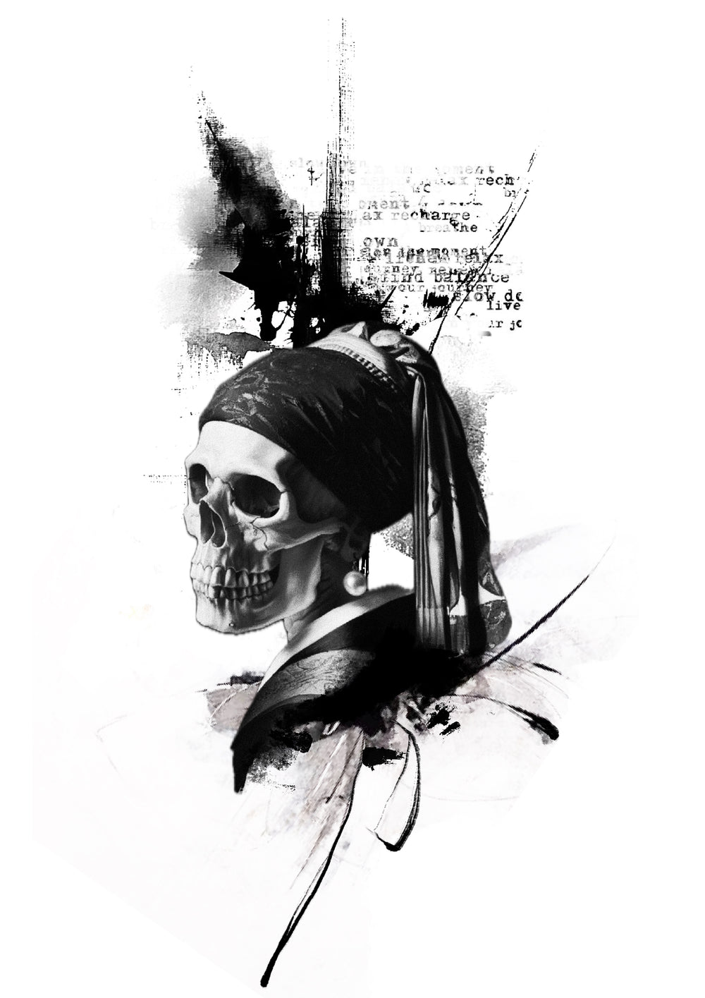 Skull wearing a dark headscarf with abstract typography, Stanley flash tattoo design