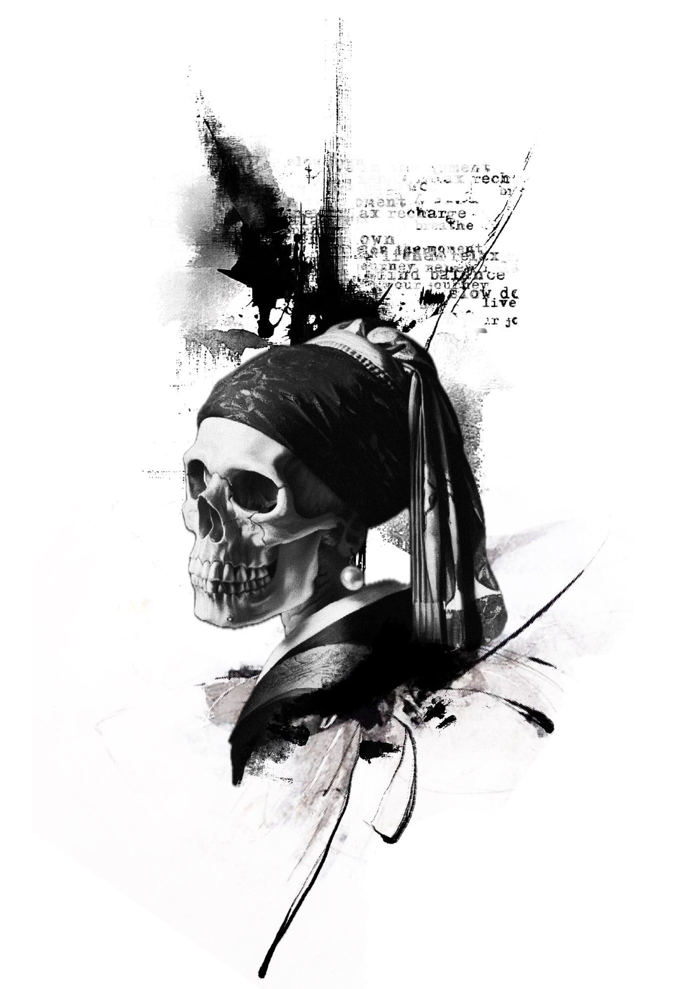 Skull wearing a dark headscarf with abstract typography, Stanley flash tattoo design