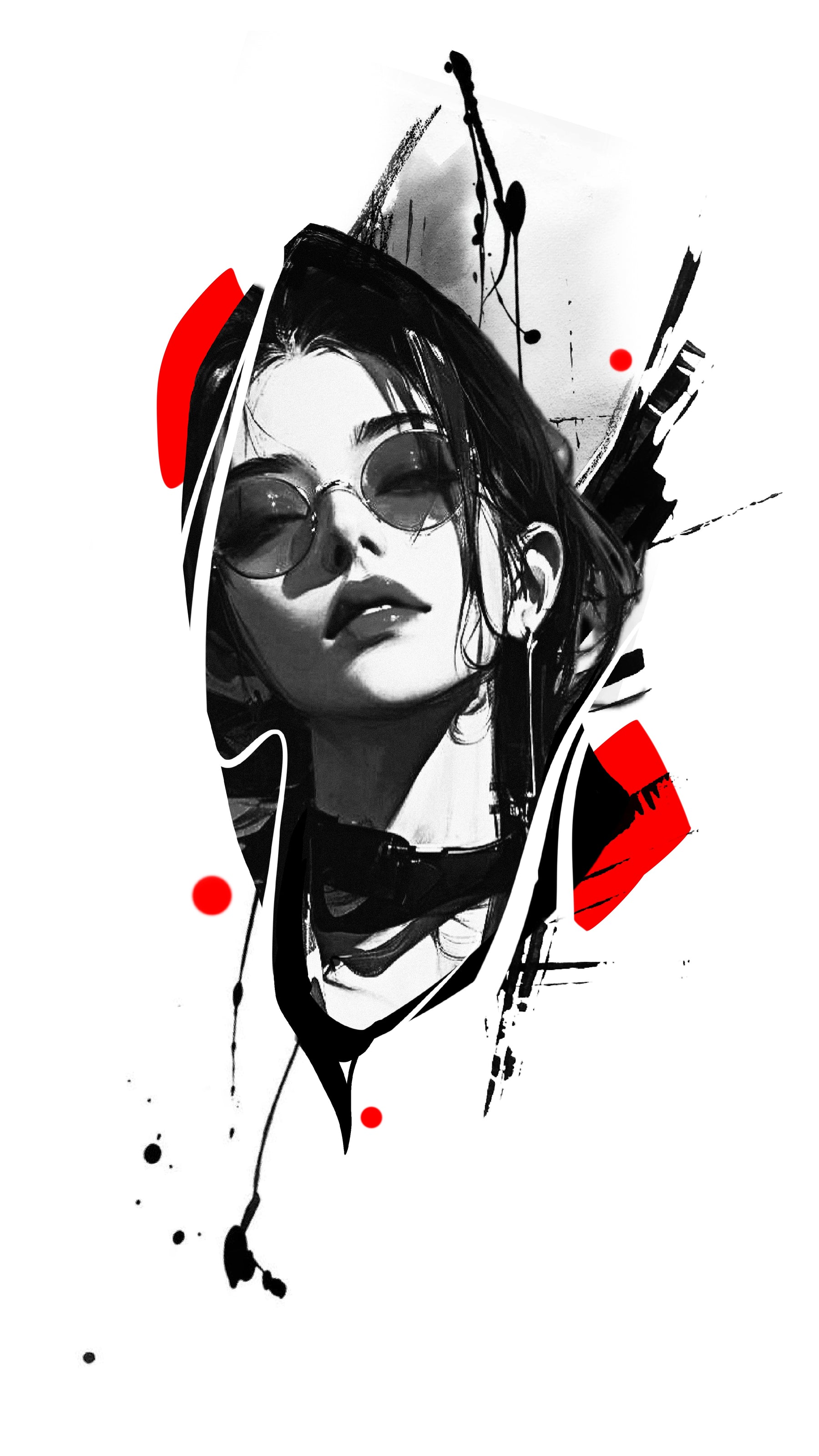 Woman in sunglasses with graphic black and red accents, Stanley flash tattoo design