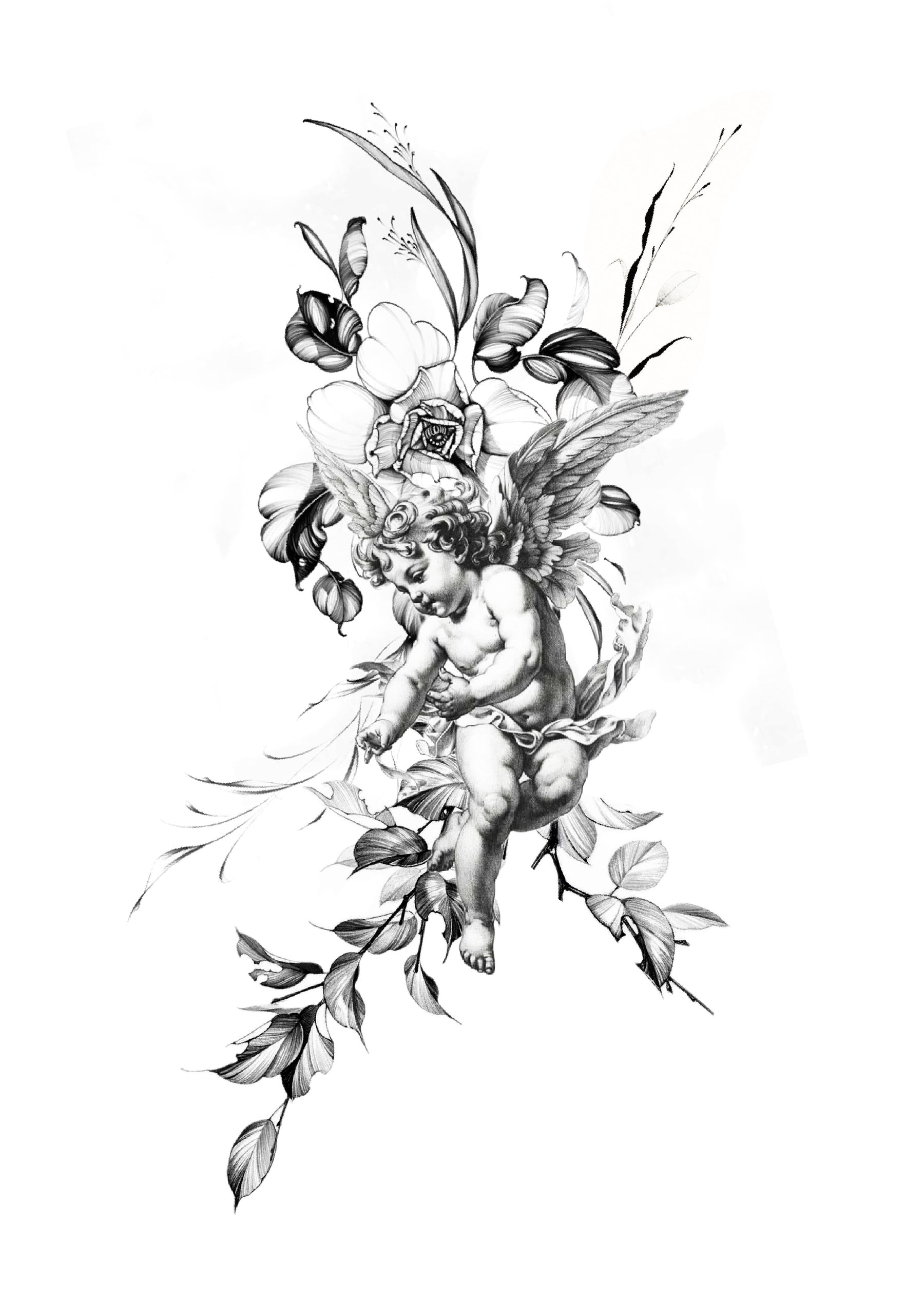 Classical cherub surrounded by flowers and trailing leaves, Stanley flash tattoo design