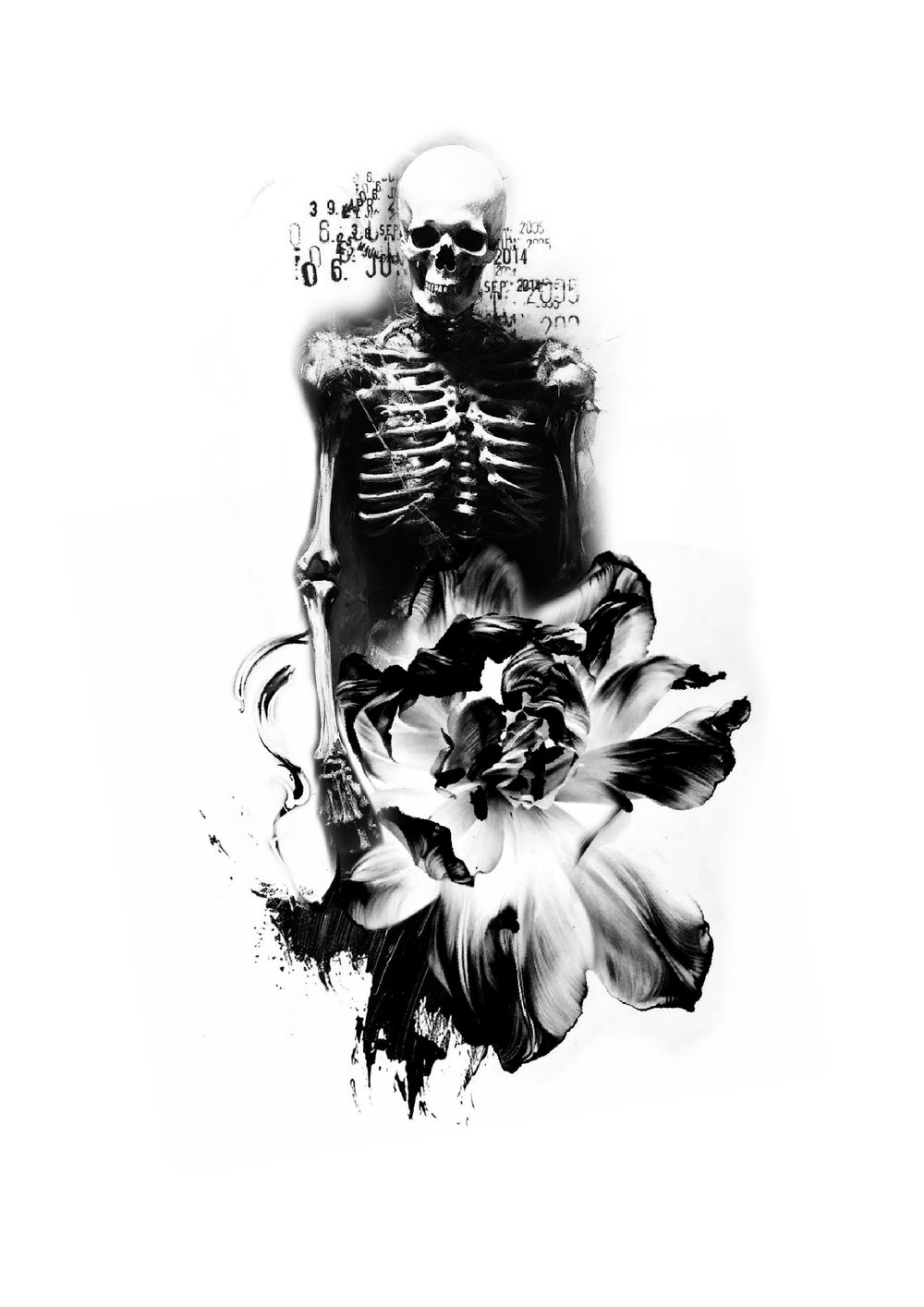 Human skeleton emerging above large iris flowers, Stanley flash tattoo design