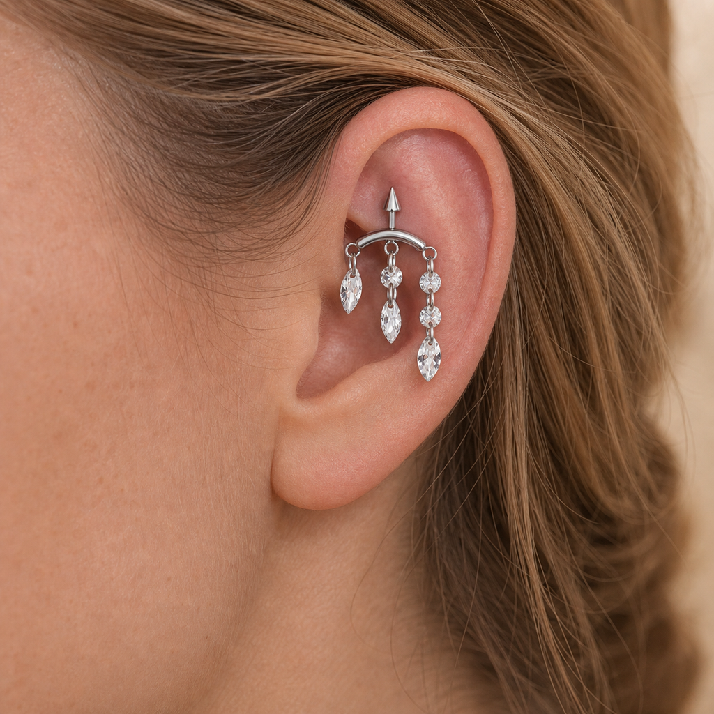 Clear CZ ASTM F136 Titanium Cartilage Jewelry - Silver, Internally Threaded, 16G, 1.2 x 6+8+4 mm — wearing view four (P-CJ-0009-S01)