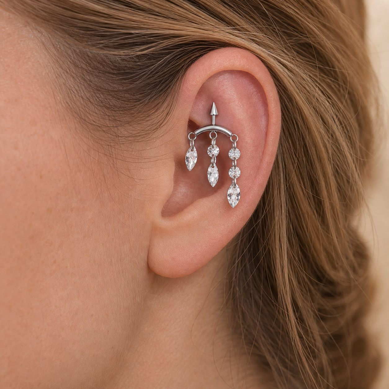 Clear CZ ASTM F136 Titanium Cartilage Jewelry - Silver, Internally Threaded, 16G, 1.2 x 6+8+4 mm — wearing view four (P-CJ-0009-S01)