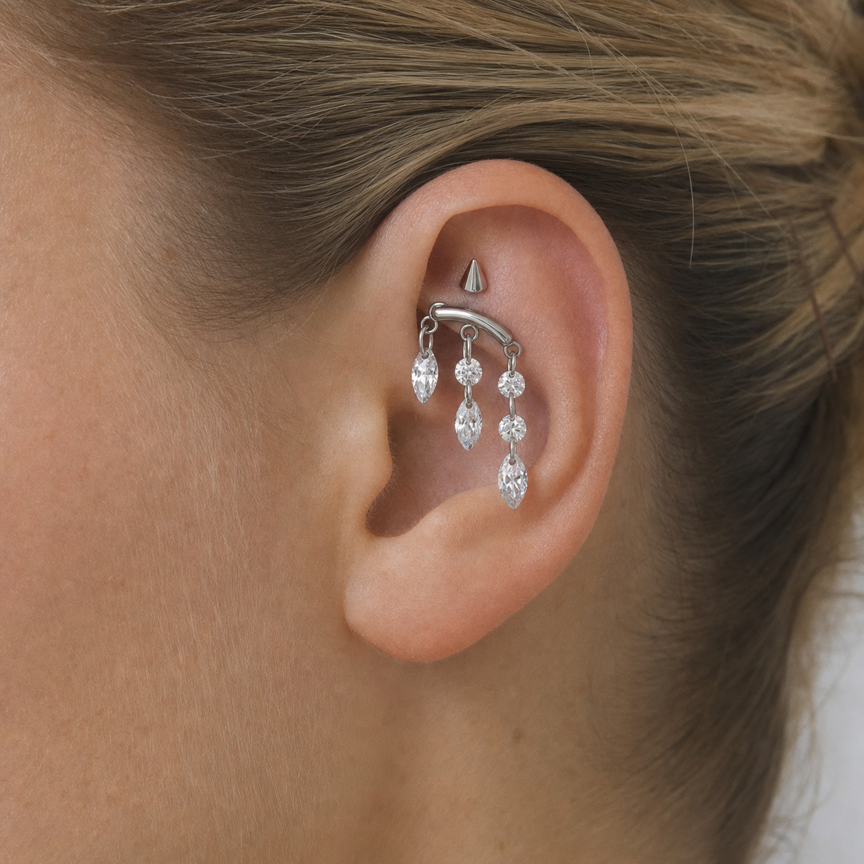 Clear CZ ASTM F136 Titanium Cartilage Jewelry - Silver, Internally Threaded, 16G, 1.2 x 6+8+4 mm — wearing view one (P-CJ-0009-S01)