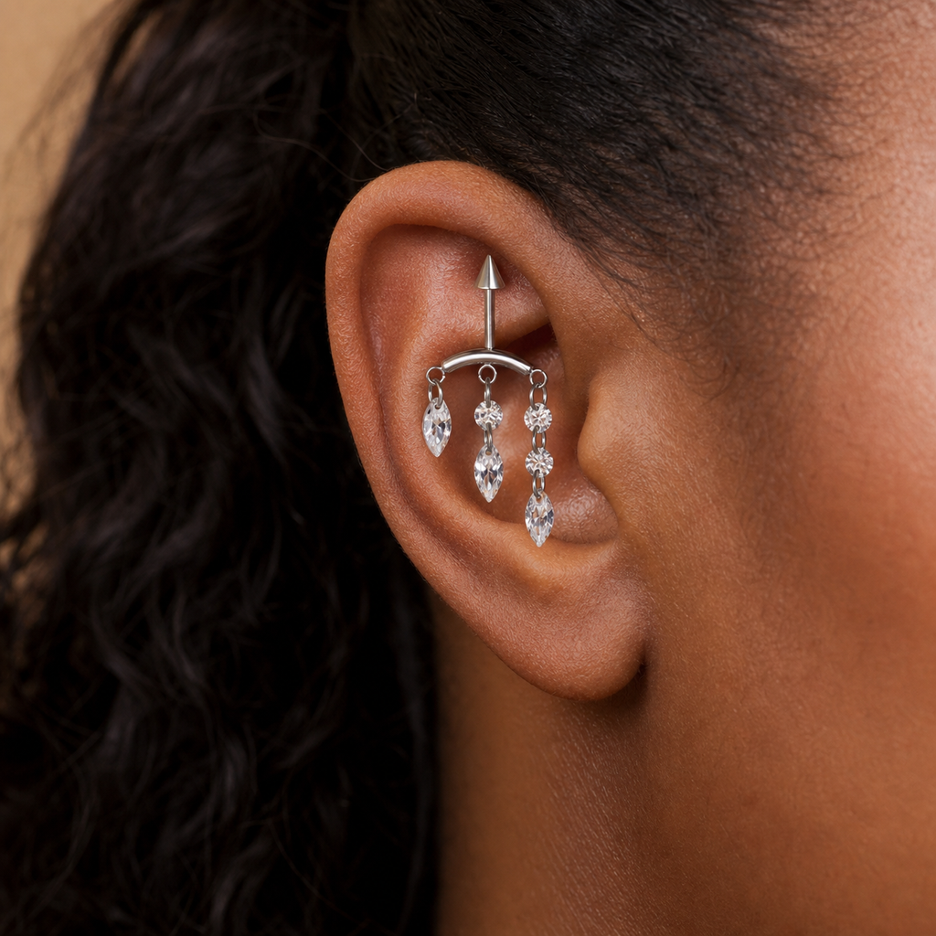 Clear CZ ASTM F136 Titanium Cartilage Jewelry - Silver, Internally Threaded, 16G, 1.2 x 6+8+4 mm — wearing view two (P-CJ-0009-S01)